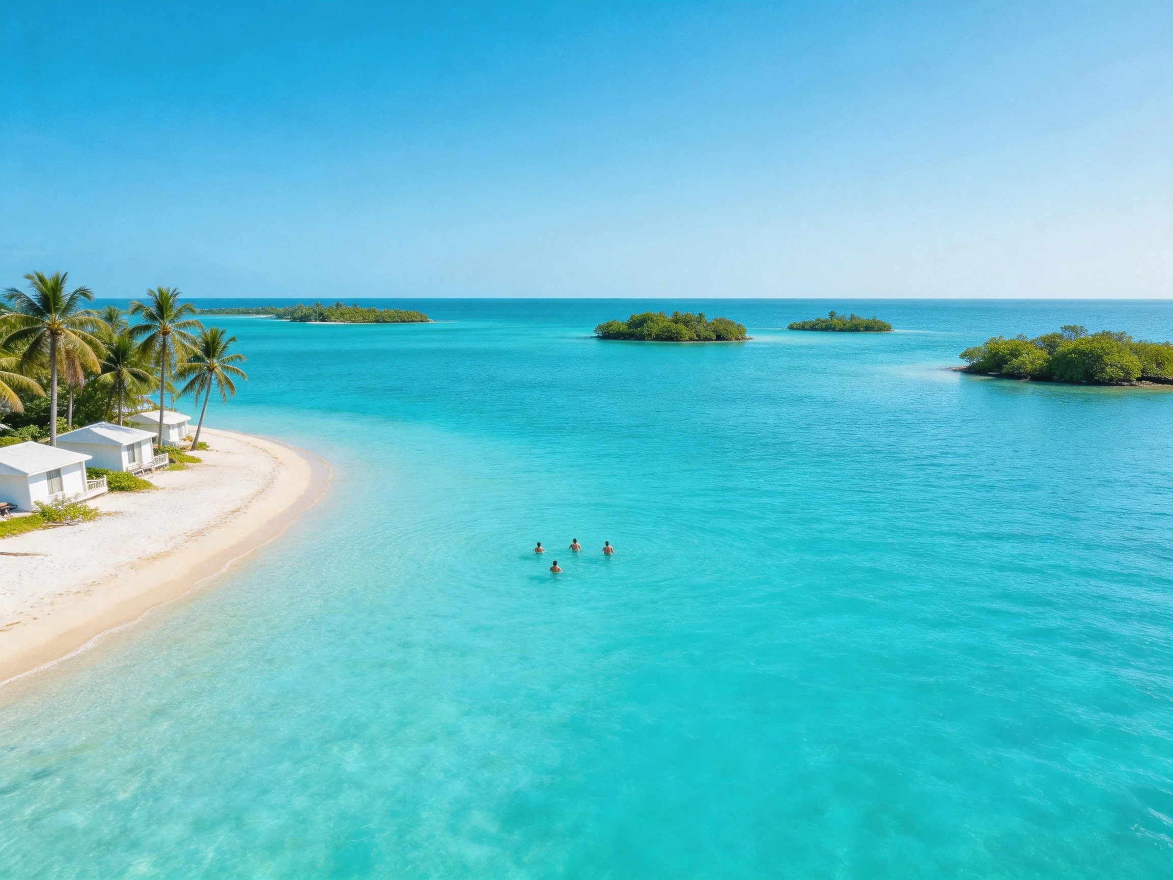 Turquoise Ocean, White Sand, Palm Trees, and Distant Islands