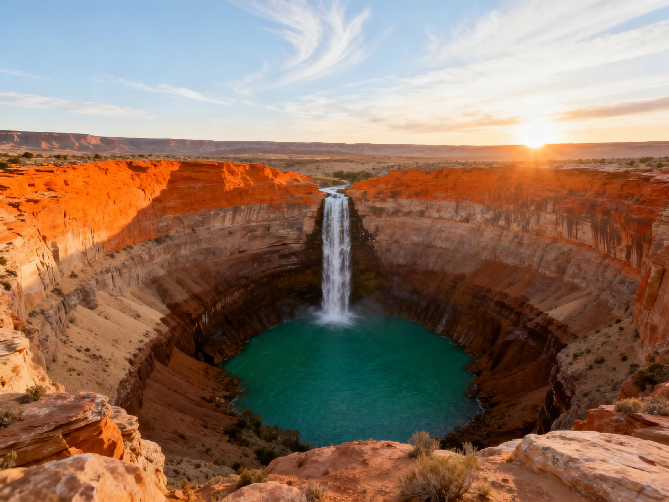 Turquoise Pool in Red-Rock Canyon With Sunset Waterfall