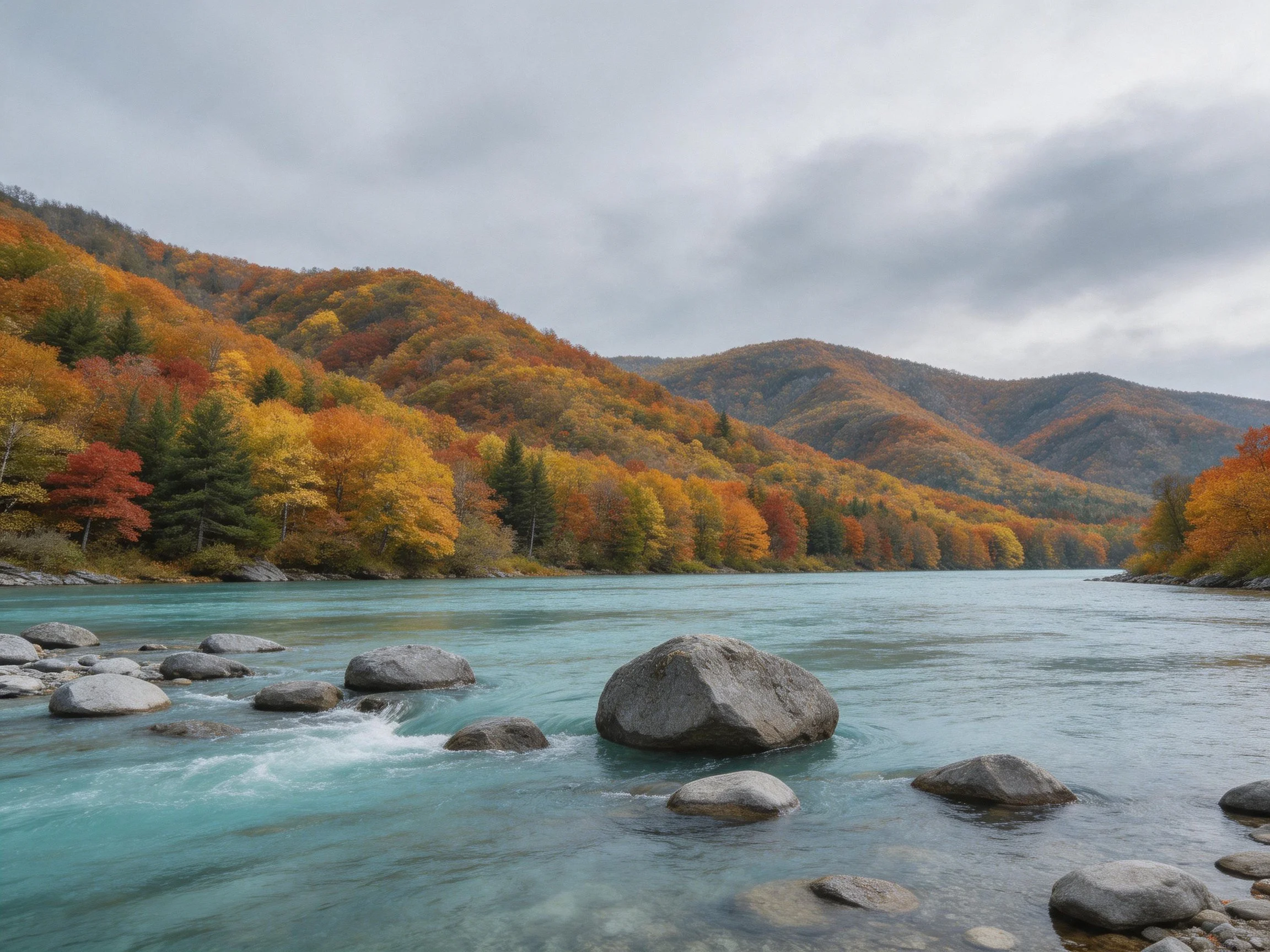 Turquoise River Flows Through Colorful Autumn Mountainous Terrain