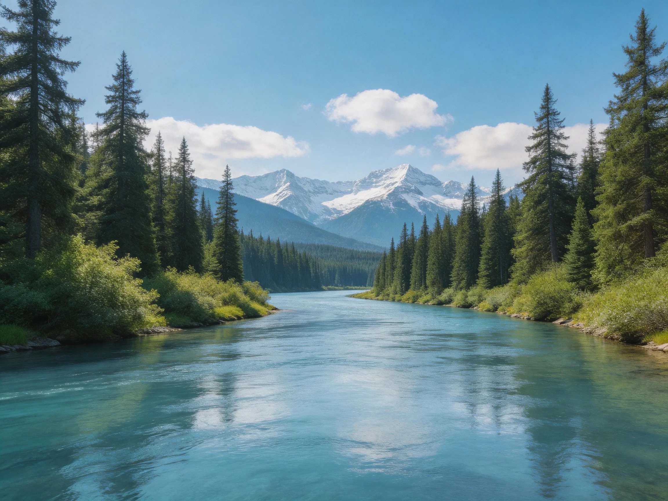 Turquoise River Flows Through Dense Evergreen Forests Toward Snow-Capped Peaks