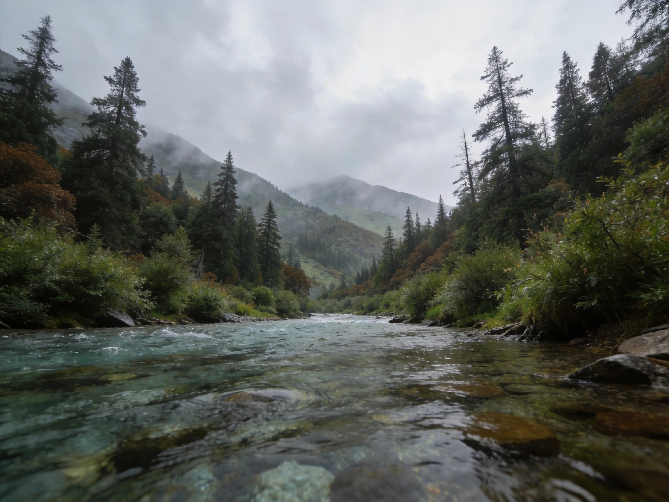 Turquoise River Flows Through Misty Forest Valley