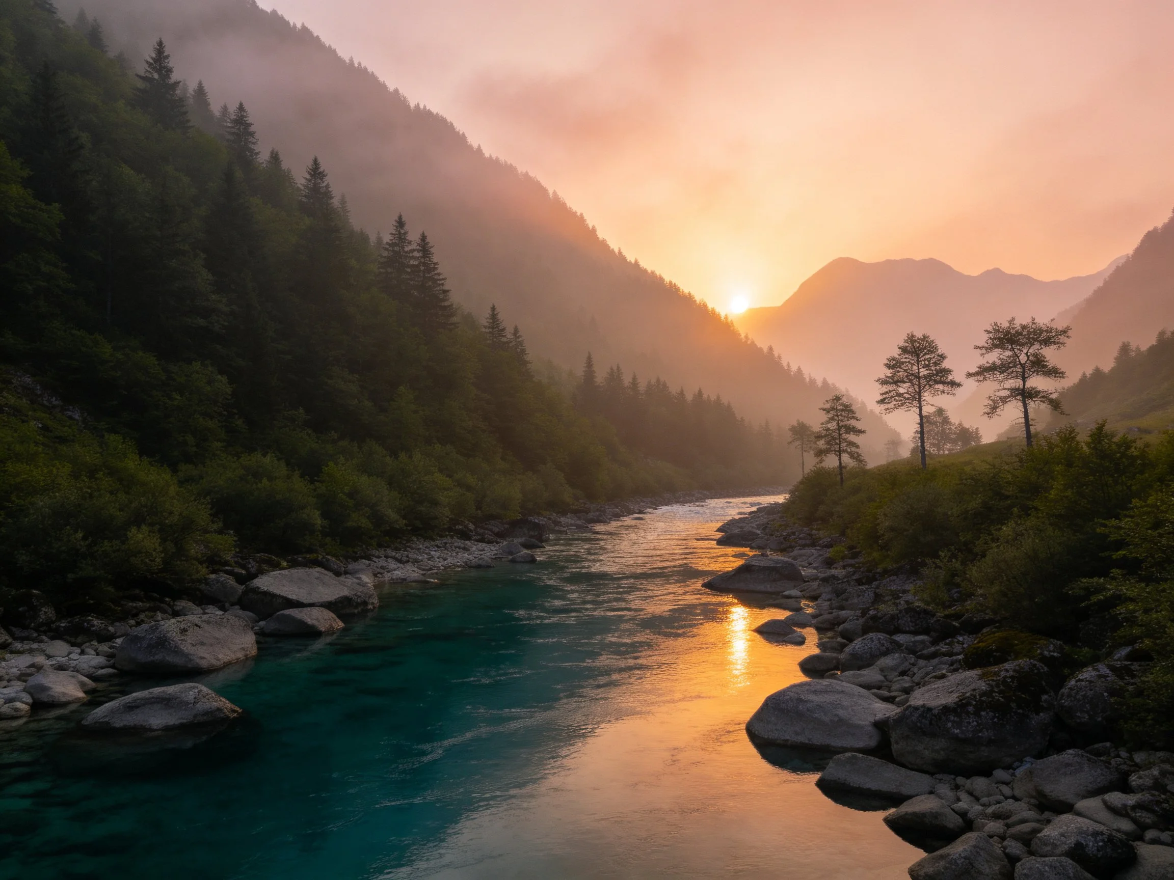 Turquoise River Flows Through Rocky Mountain Forest at Sunset