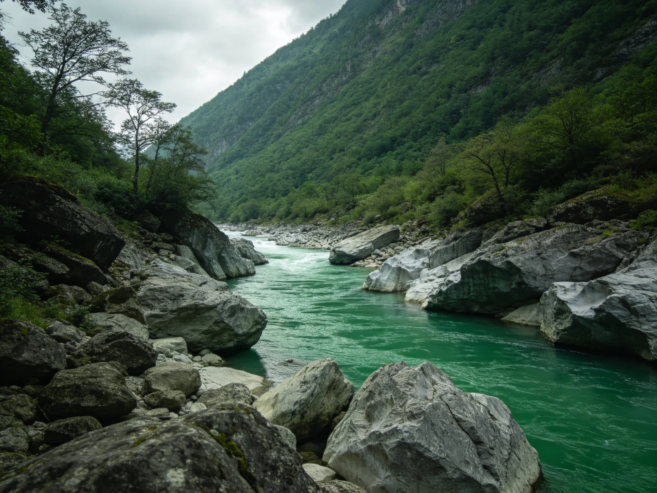 Turquoise River Flows Through Rocky Valley With Lush Green Mountains