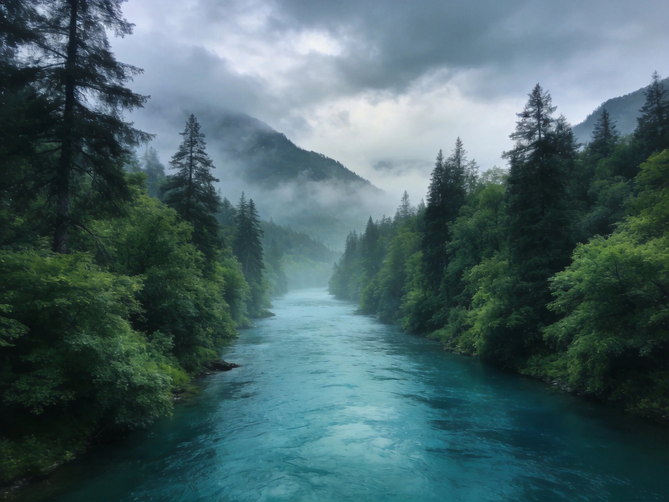 Turquoise River Framed by Lush Green Forests Under Misty Peaks