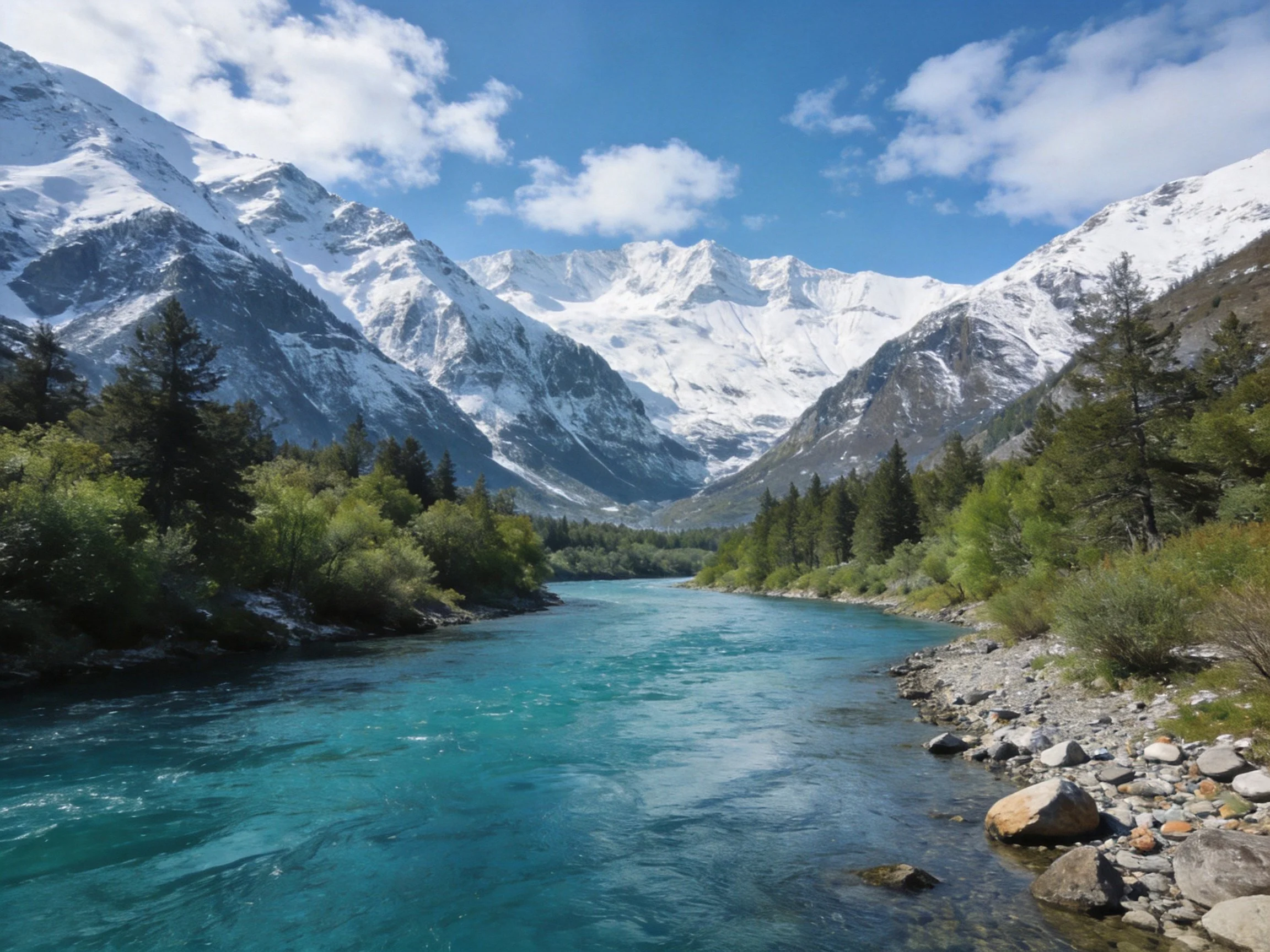 Turquoise River Meanders Through Snow-Capped Mountain Valley