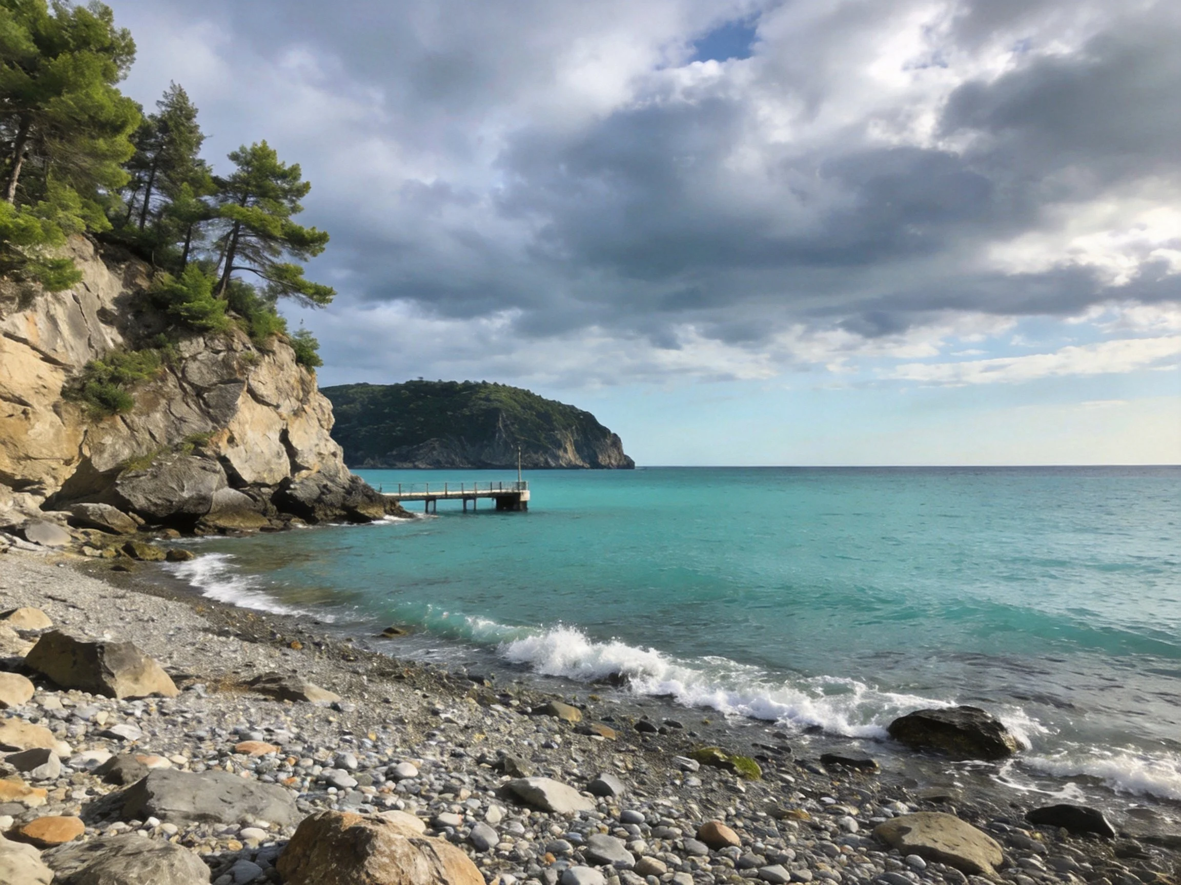 Turquoise Sea and Rocky Shore with Cliffside Trees and Wooden Pier