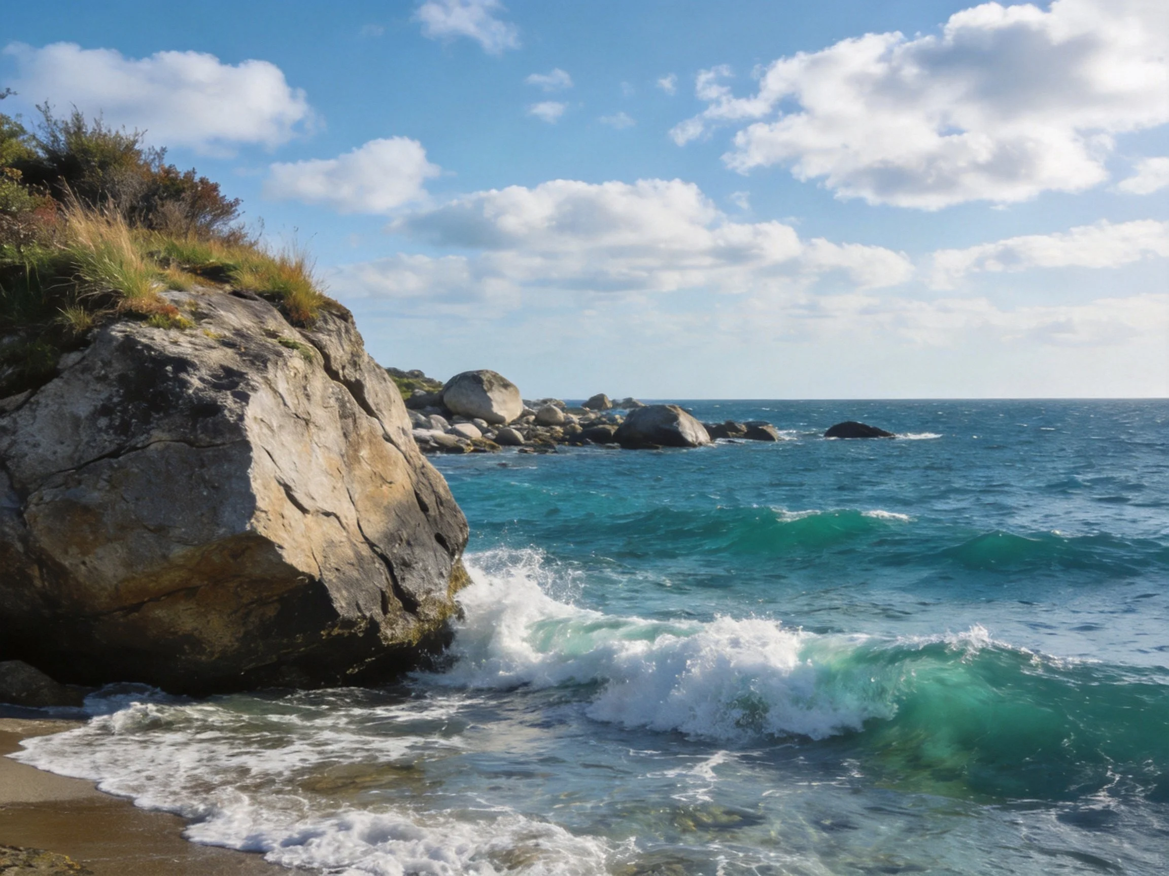 Turquoise Waves Crash Against Large Coastal Rocks Under Bright Sky