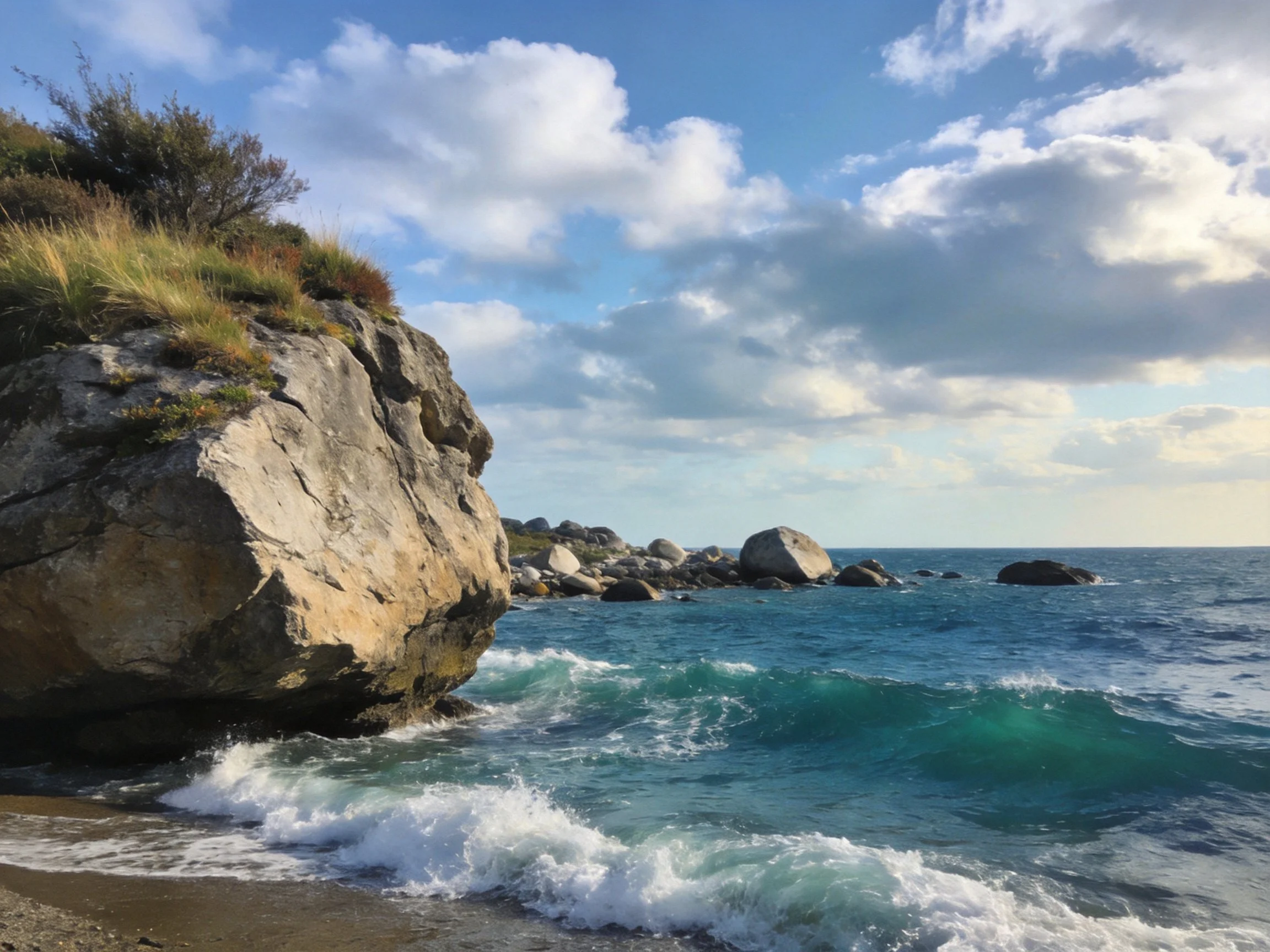 Turquoise Waves Crash Against Rocky Coastal Formations Under Bright Sky