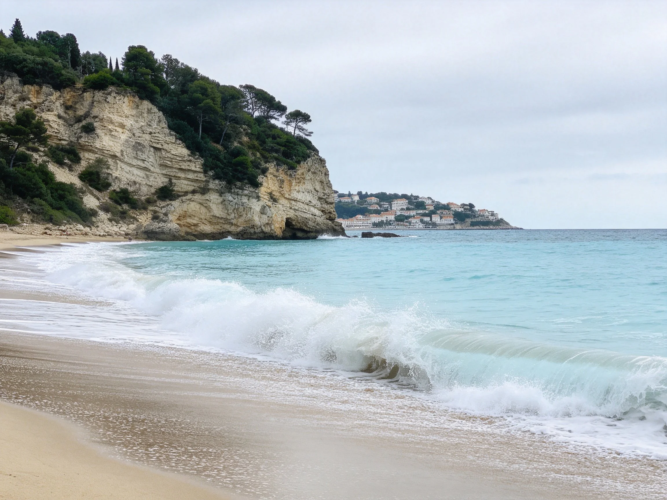 Turquoise Waves Crash Against Sandy Beach by Lush Cliffs