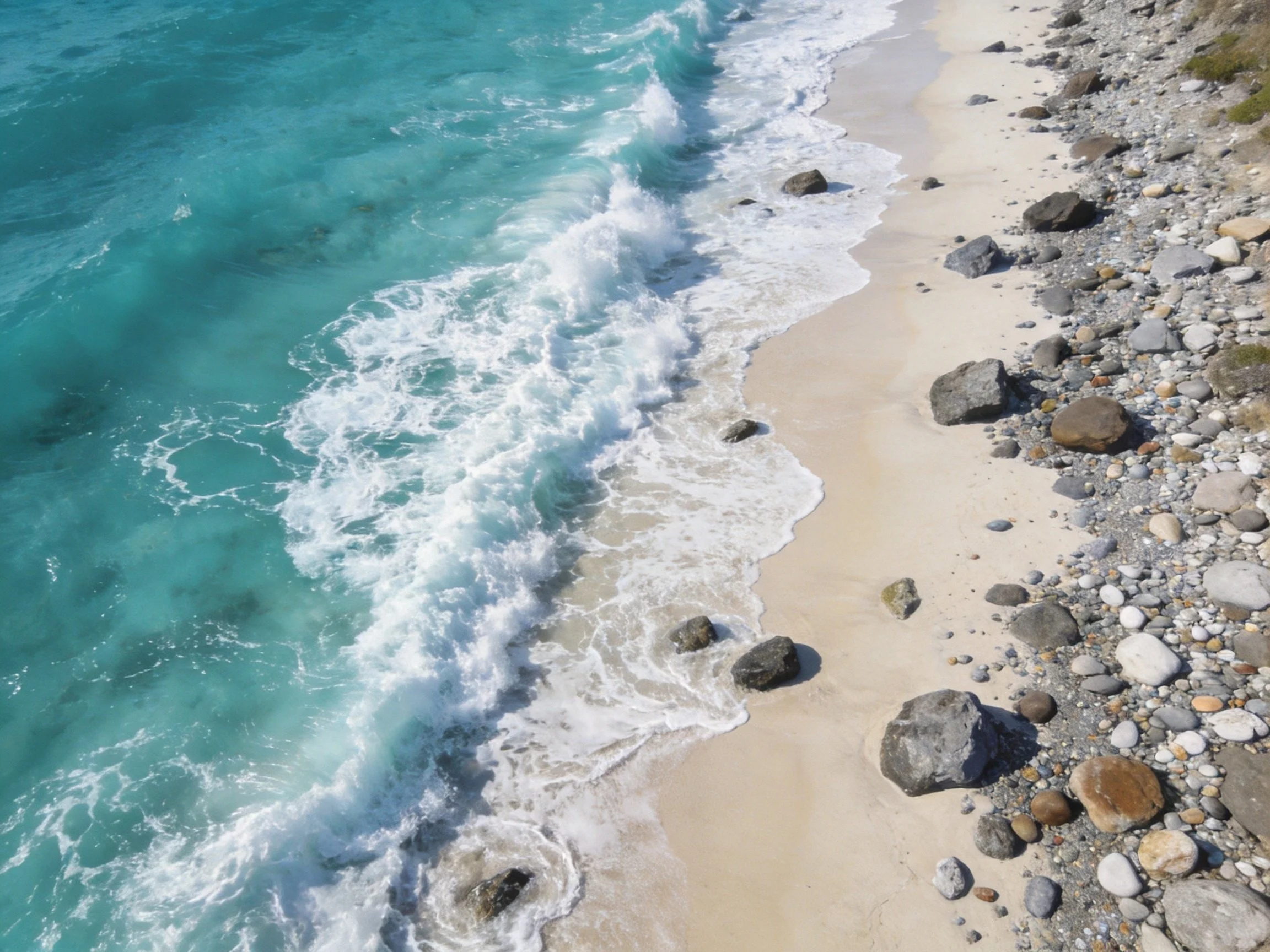 Turquoise Waves Crash Against Sandy Shore with Rocky Coastline
