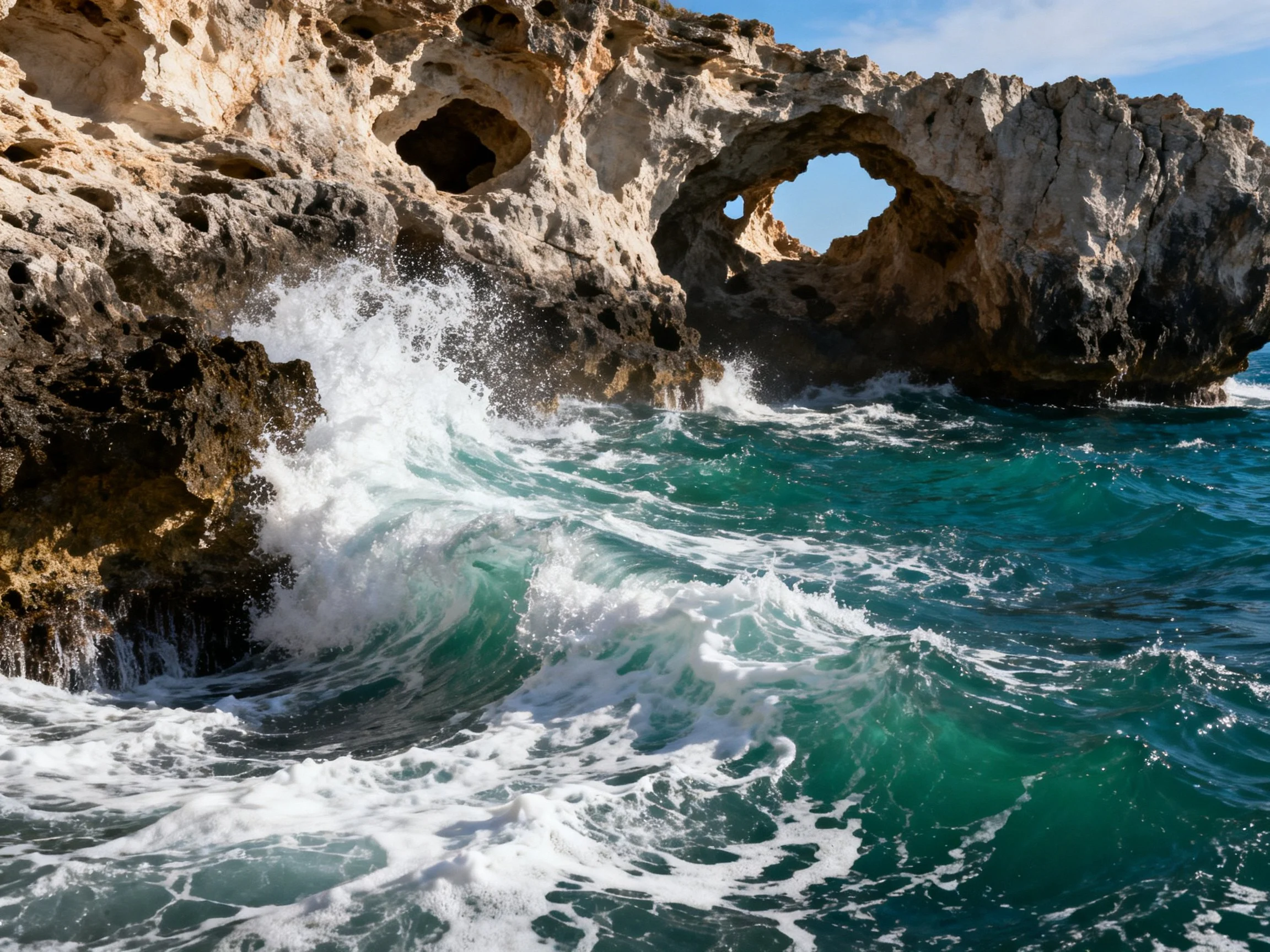 Turquoise Waves Crash Against Weathered Coastal Rock Formations