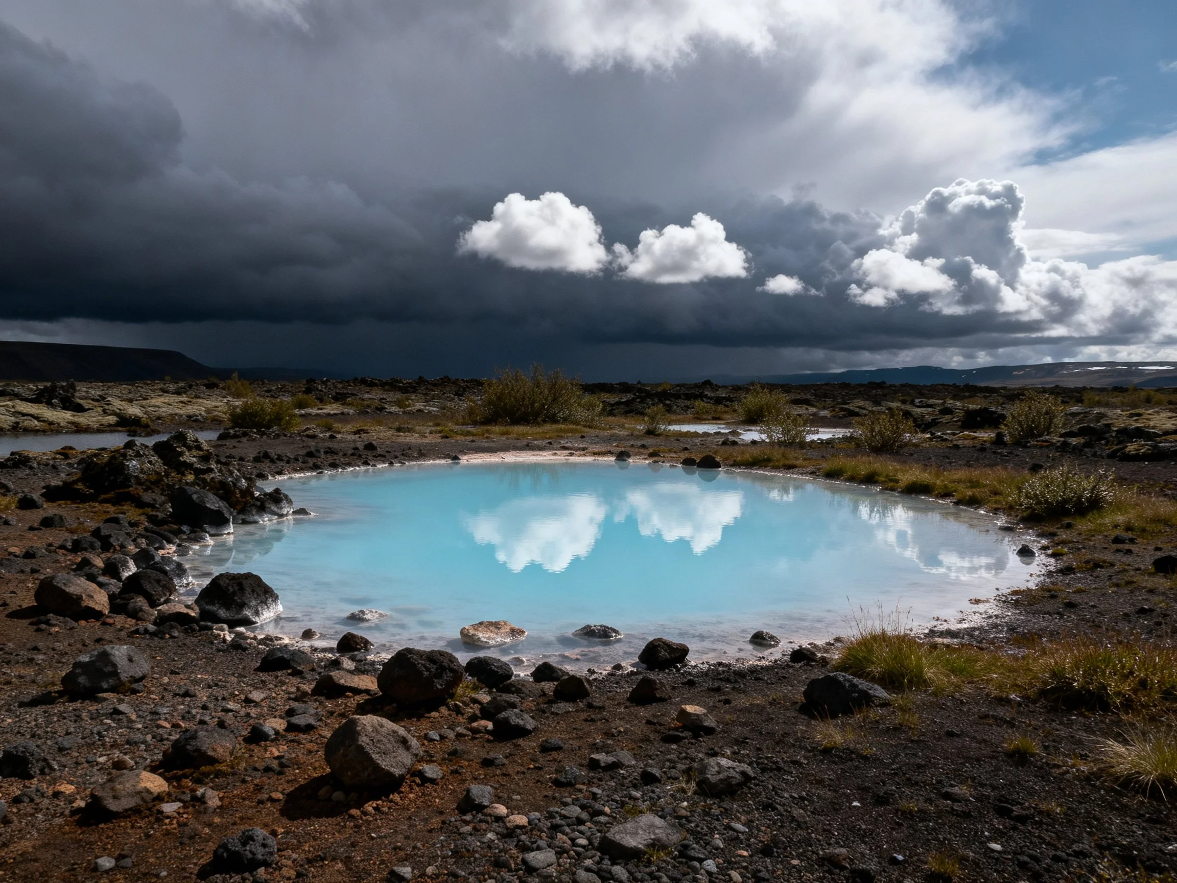 Turquoise geothermal pool amid dark volcanic rocks under stormy sky