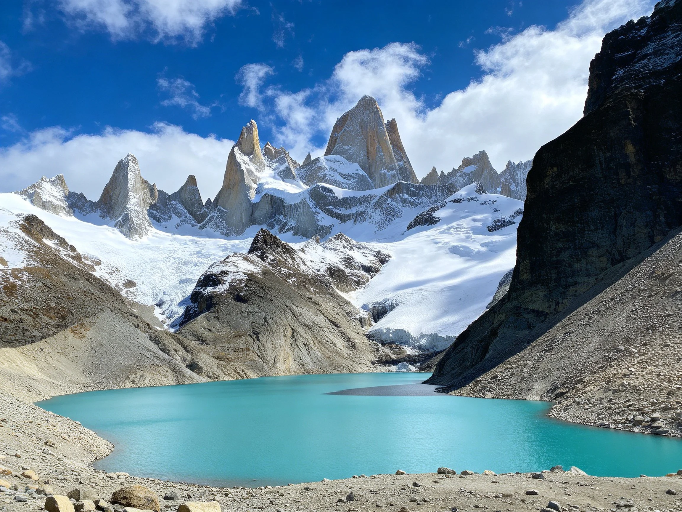 Turquoise glacial lake near jagged snow-capped peaks