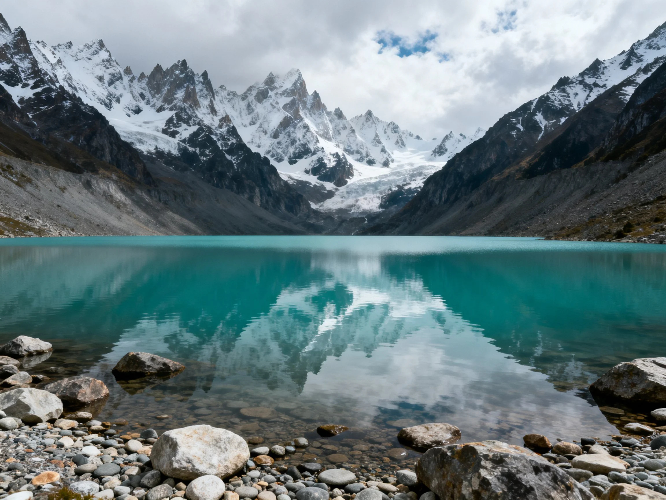 Turquoise glacial lake with snow-capped mountain backdrop