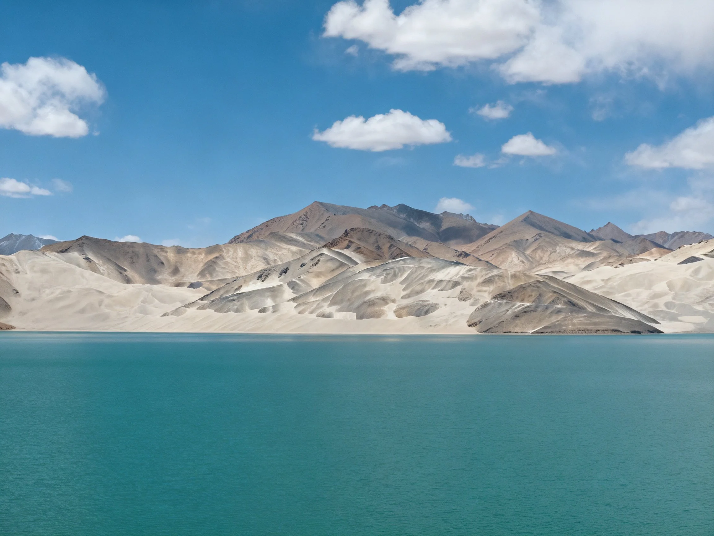 Turquoise lake adjacent to arid, rocky mountains under clear blue sky