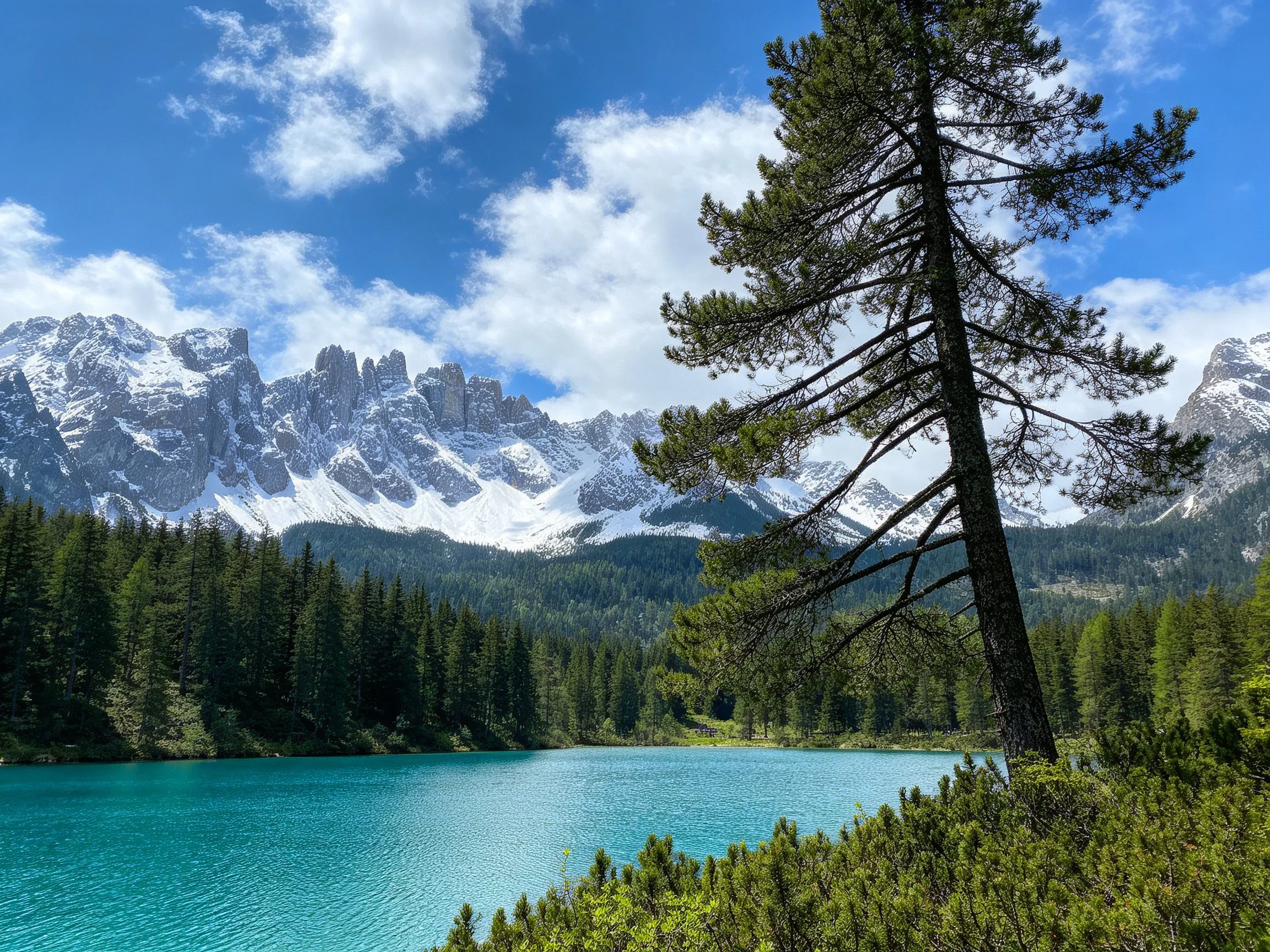 Turquoise lake amid evergreen forest and snow - capped mountains