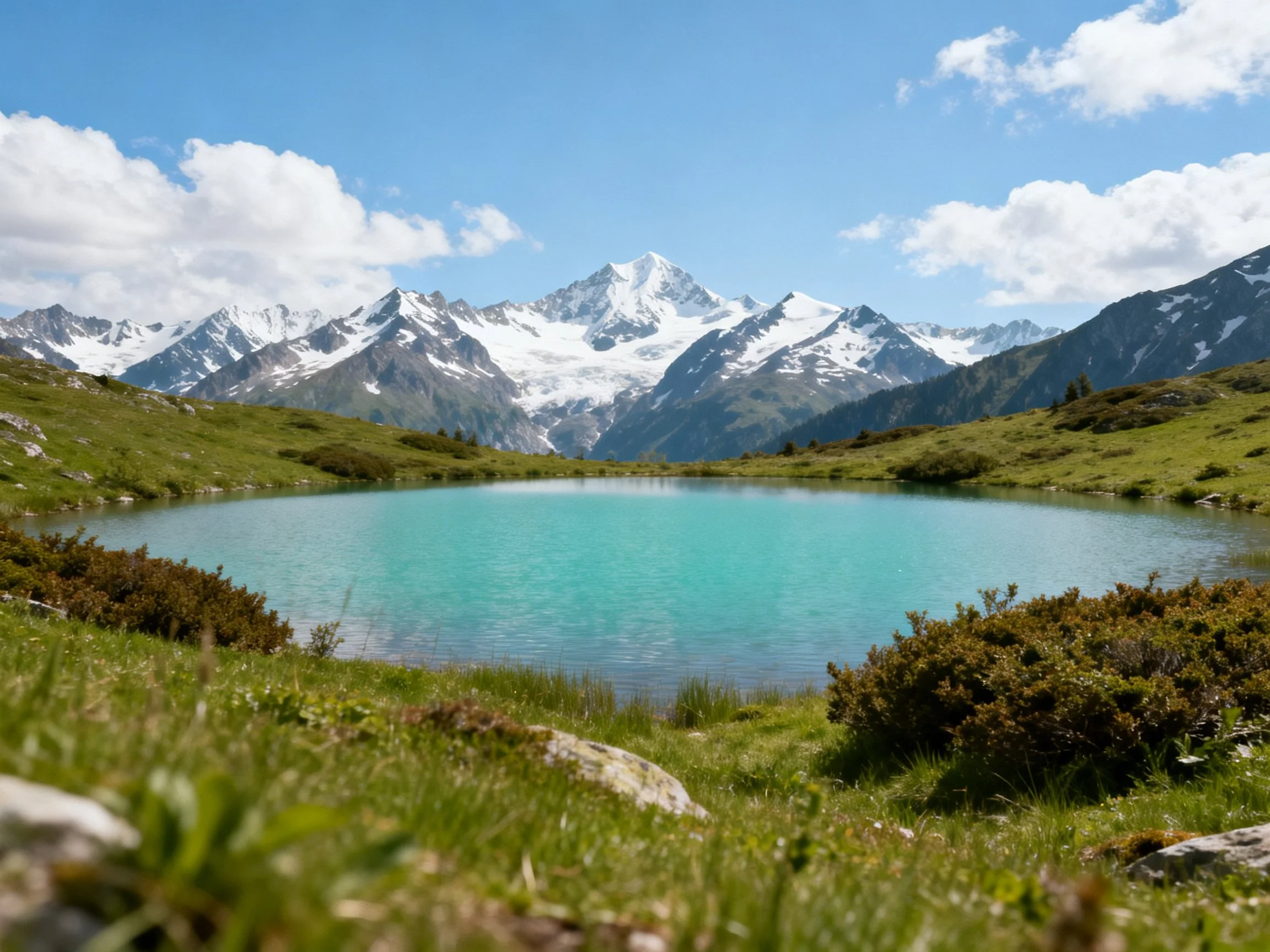 Turquoise lake amidst green meadows and snow - capped mountains