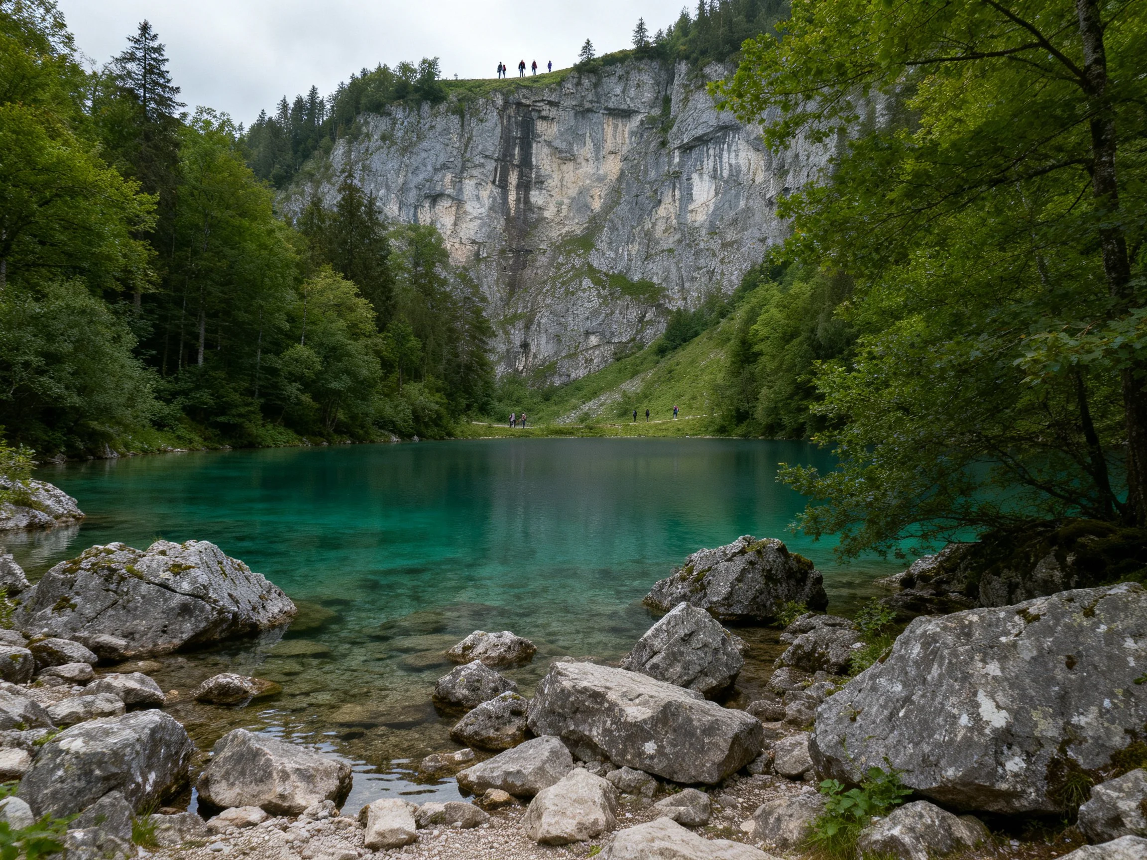 Turquoise lake beside rocky shore with steep cliff backdrop