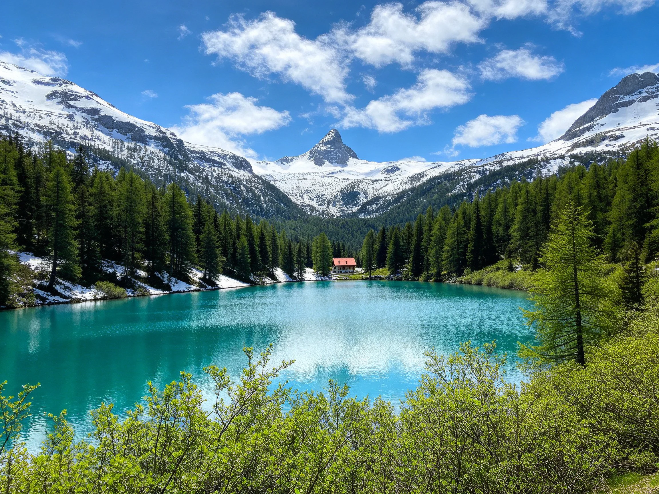 Turquoise lake between snow-capped mountains and dense evergreen forests