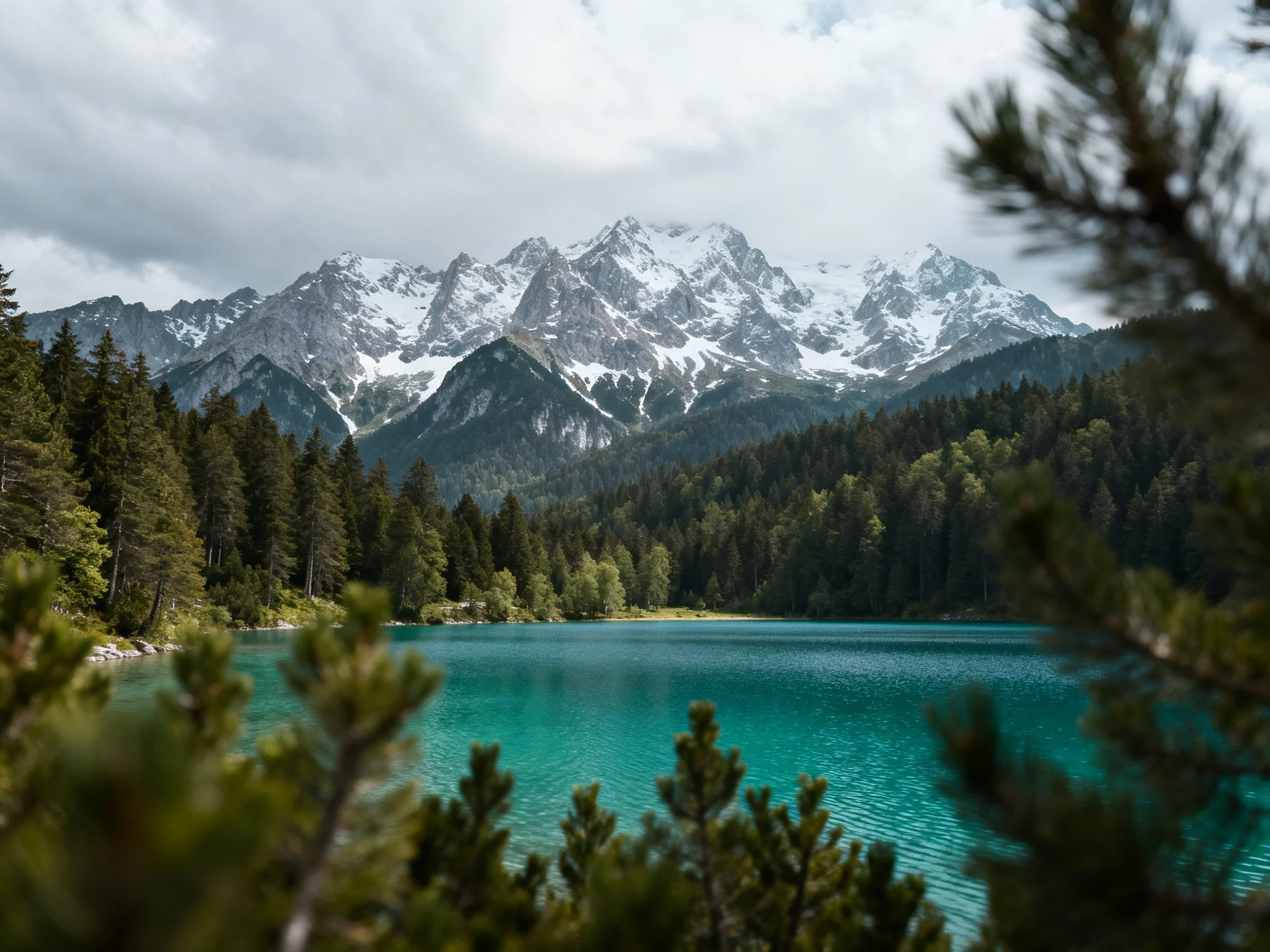 Turquoise lake bordered by dense forests and snow-capped mountains