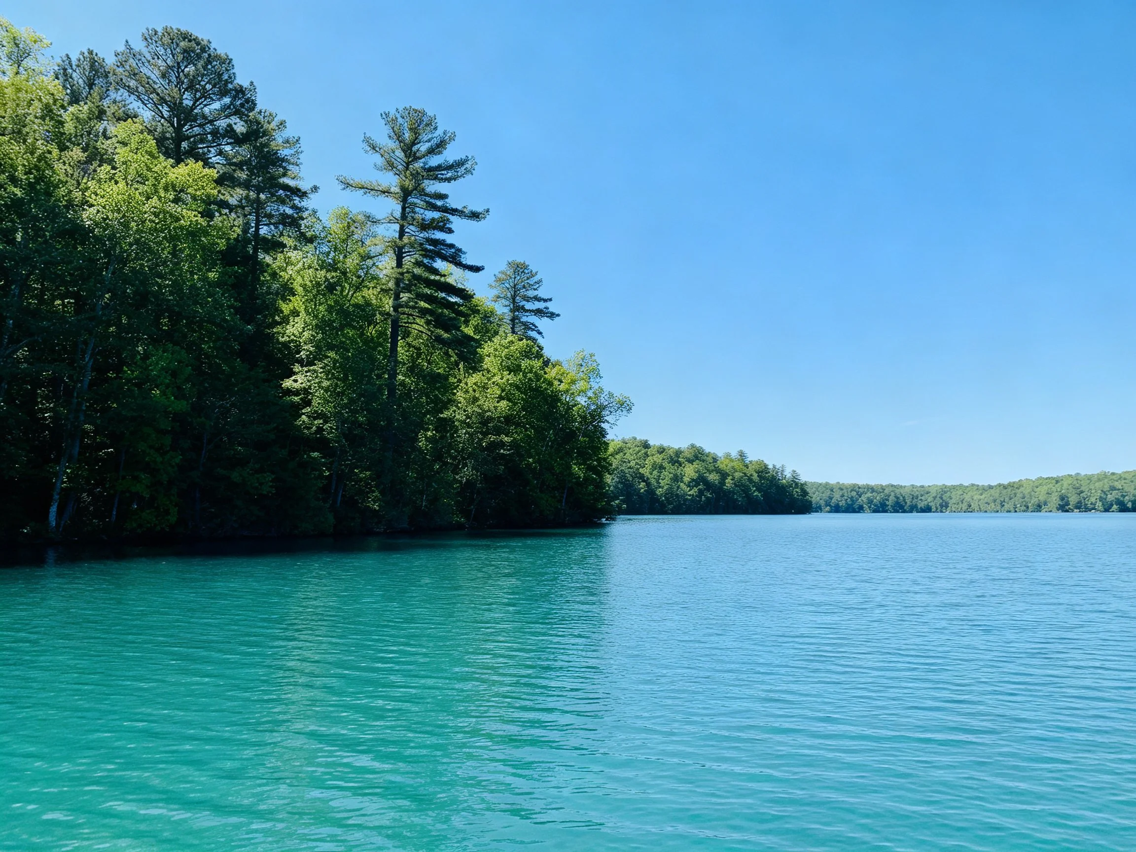 Turquoise lake bordered by dense green forests under bright blue sky