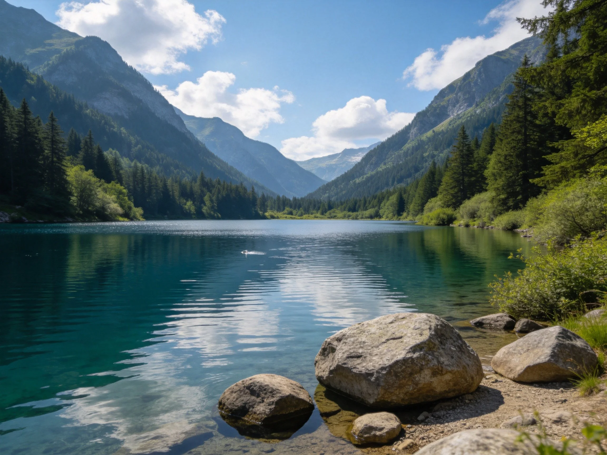 Turquoise lake bordered by forested mountain slopes