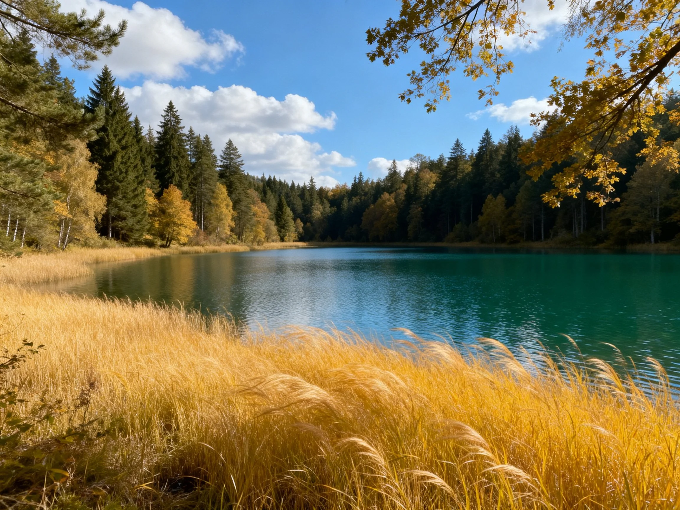 Turquoise lake bordered by golden reeds and forest