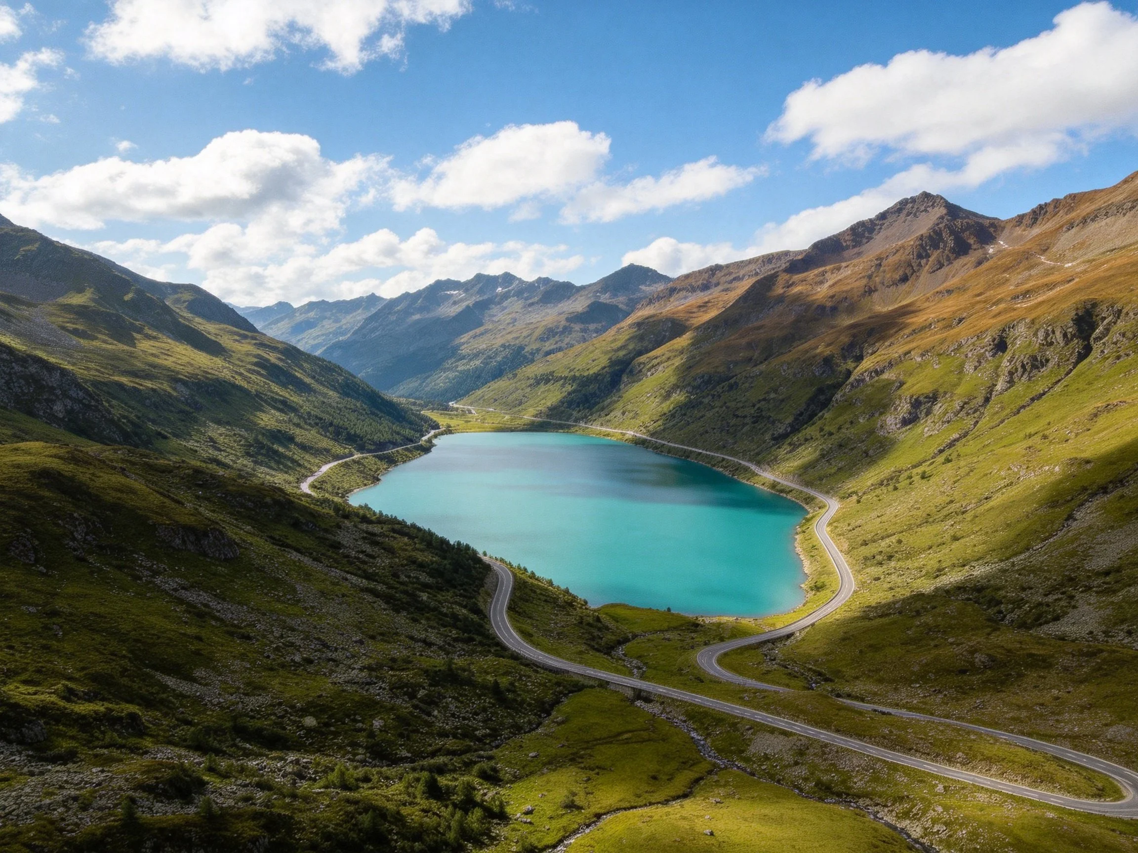 Turquoise lake nestled among lush green mountains with winding roads