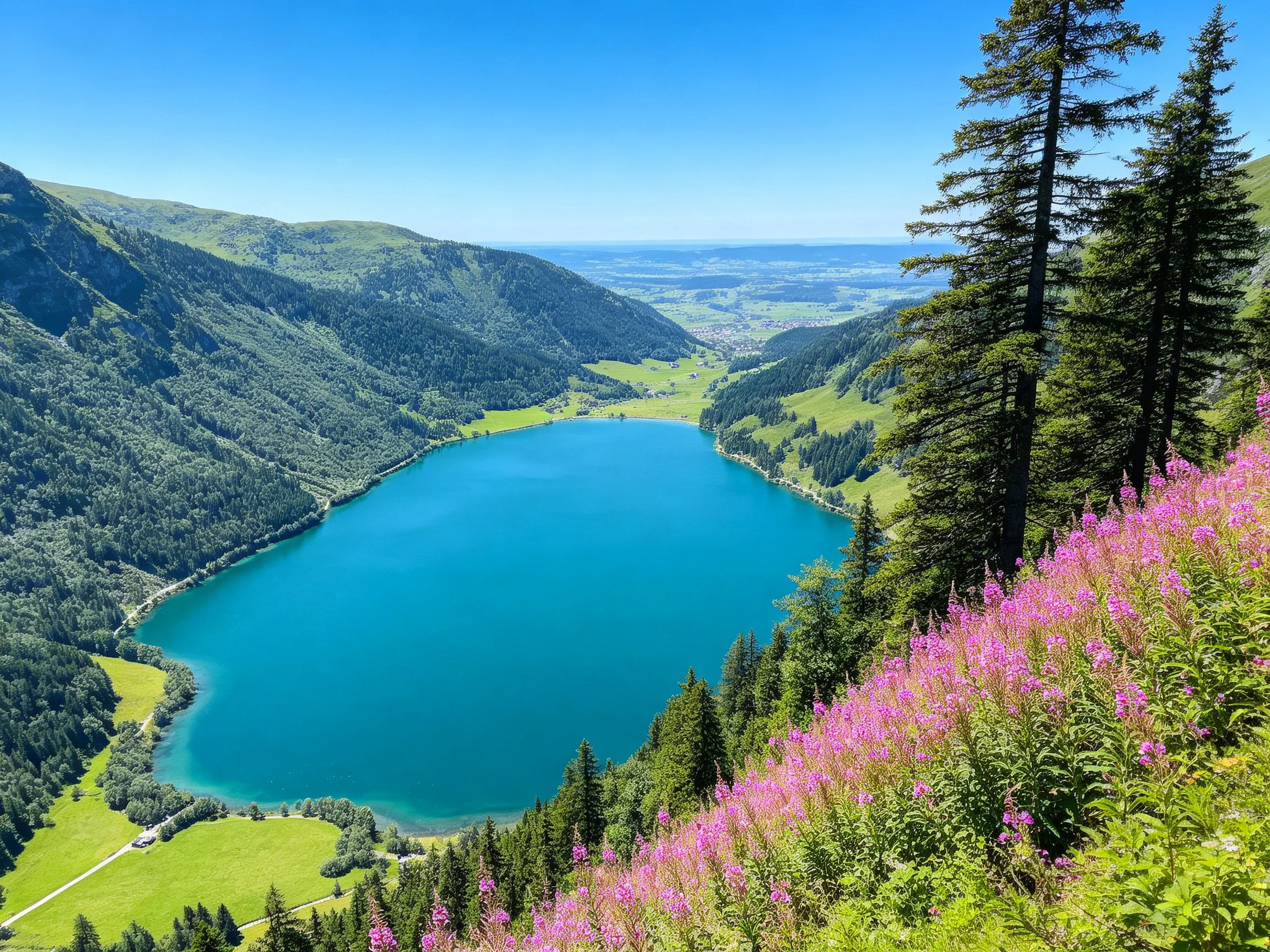 Turquoise lake nestled among verdant hills and vibrant pink blooms