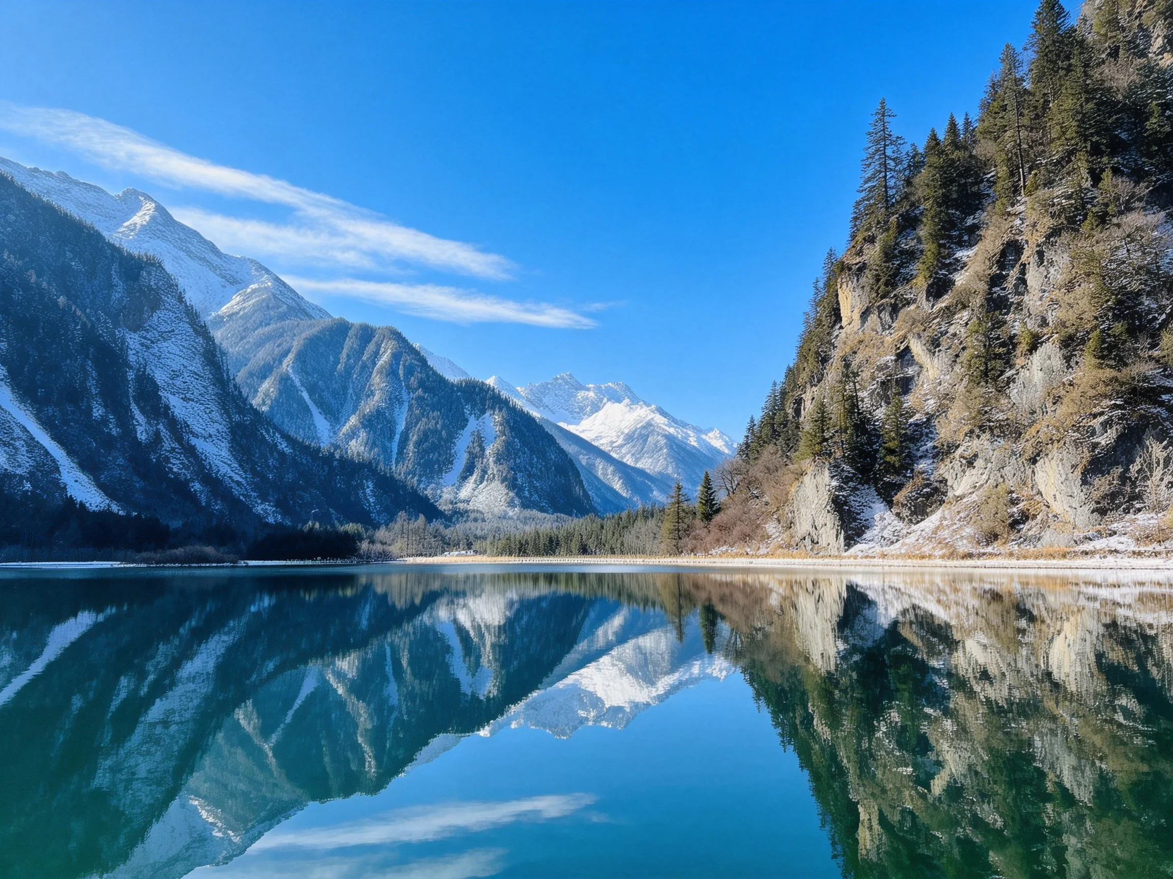 Turquoise lake reflecting snow-capped mountains and forested cliffs