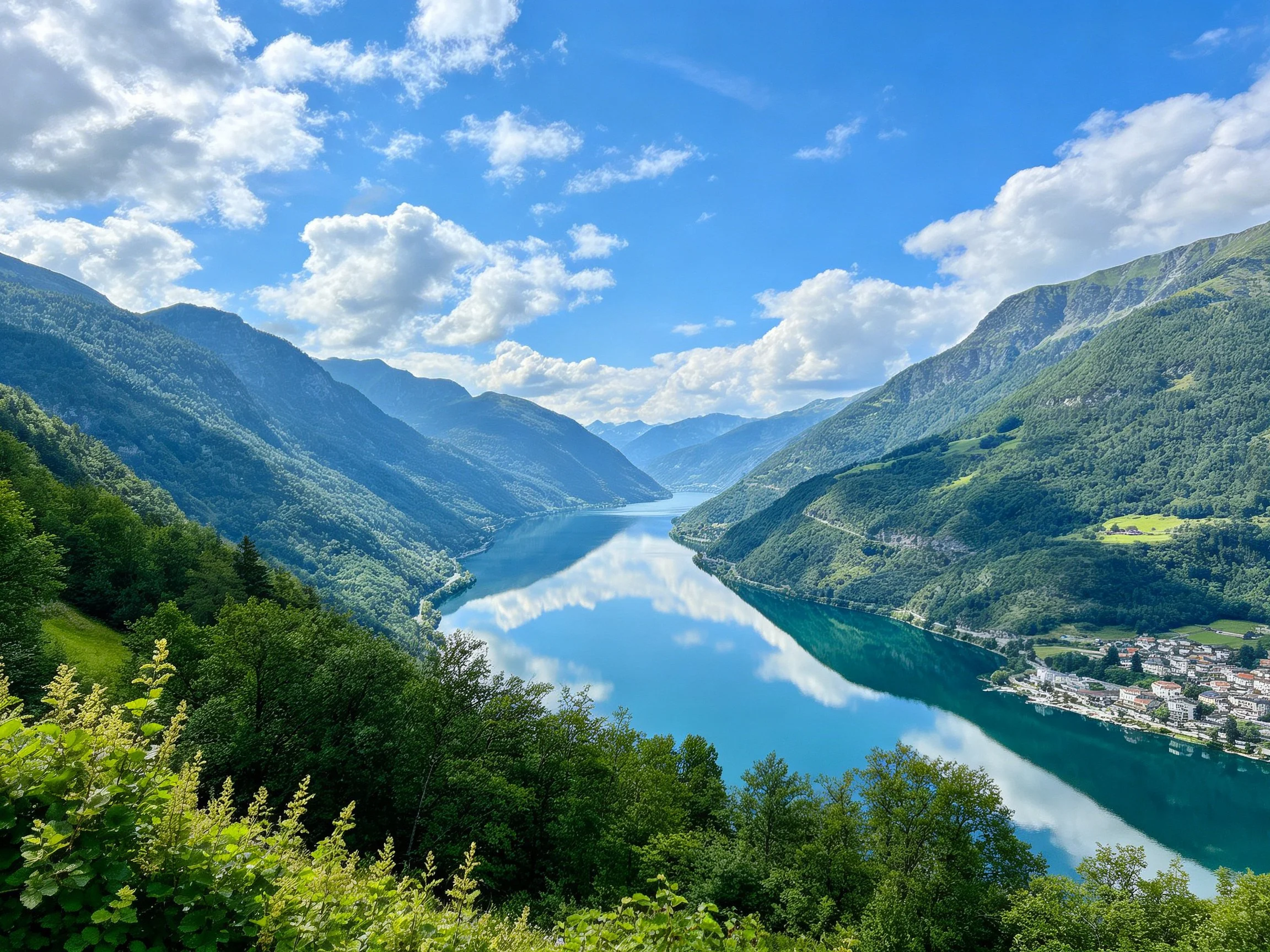 Turquoise lake reflects blue sky amid lush green mountains