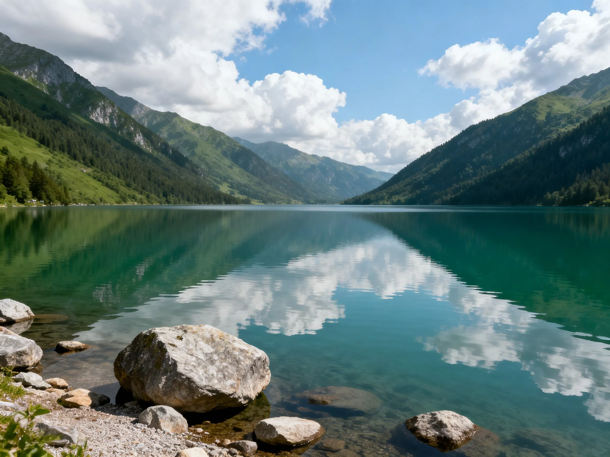 Turquoise lake reflects cloudy sky among forested green mountains