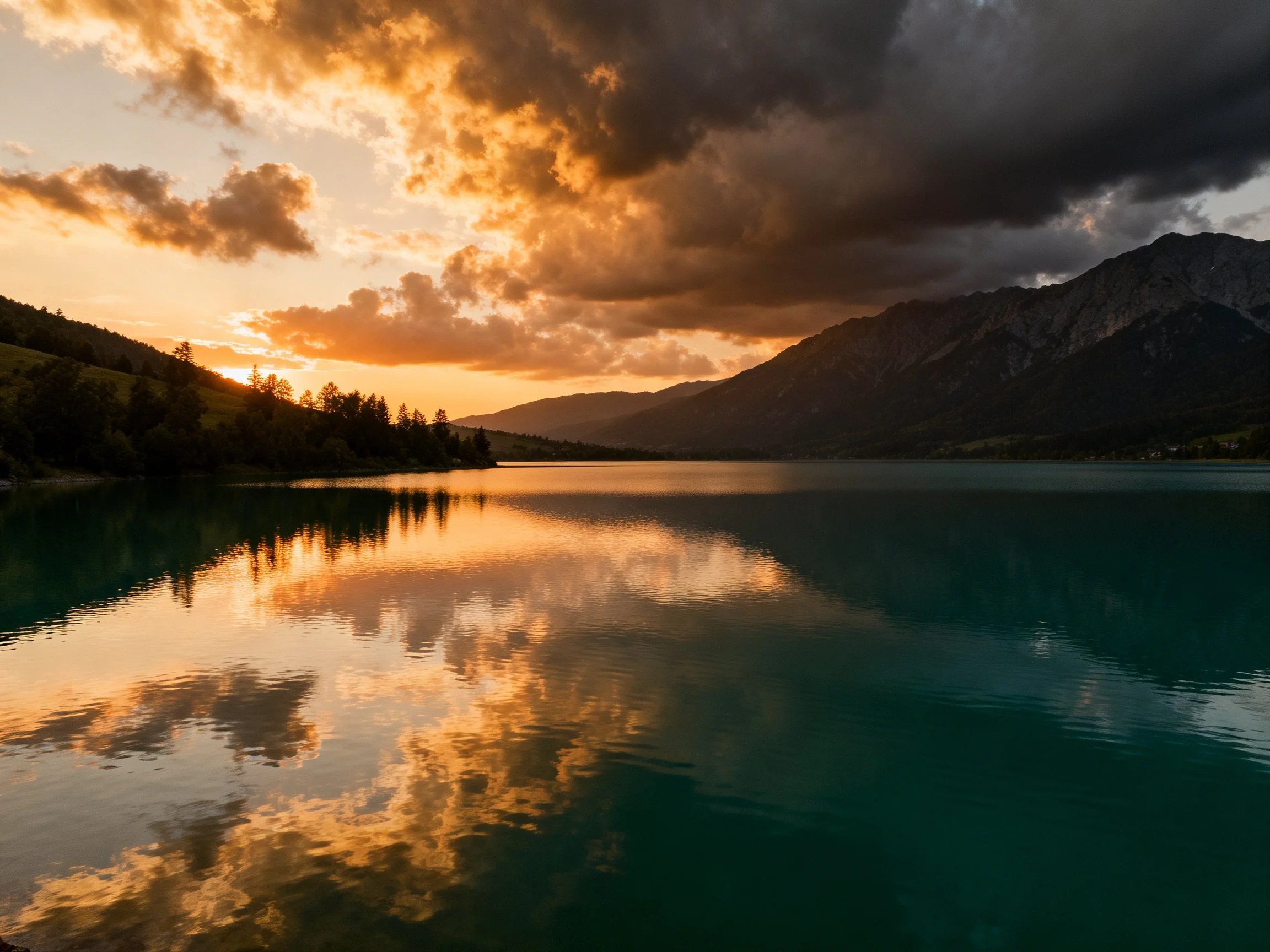 Turquoise lake reflects dramatic sunset amid forested mountains