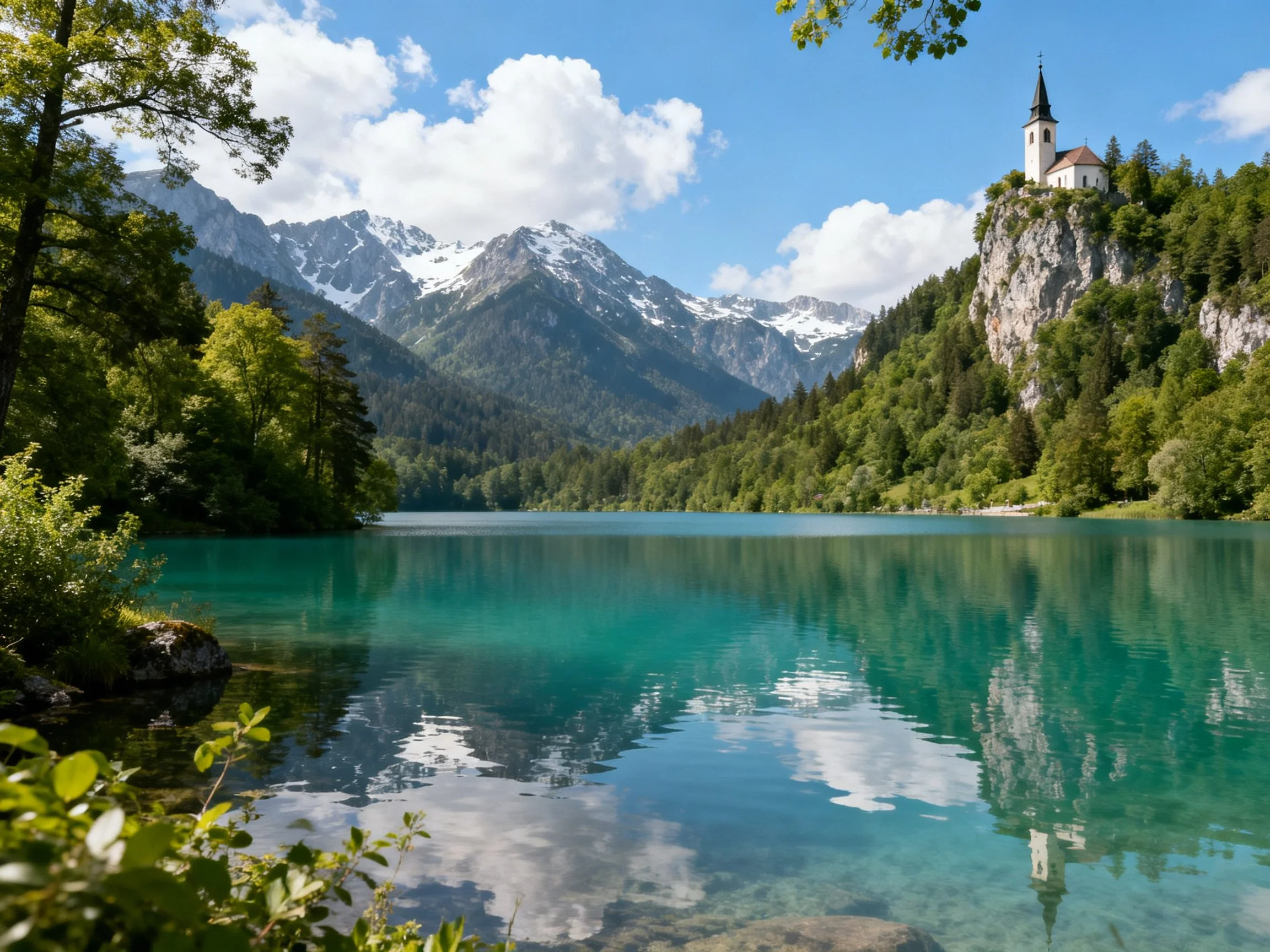 Turquoise lake reflects forested mountains and cliffside church