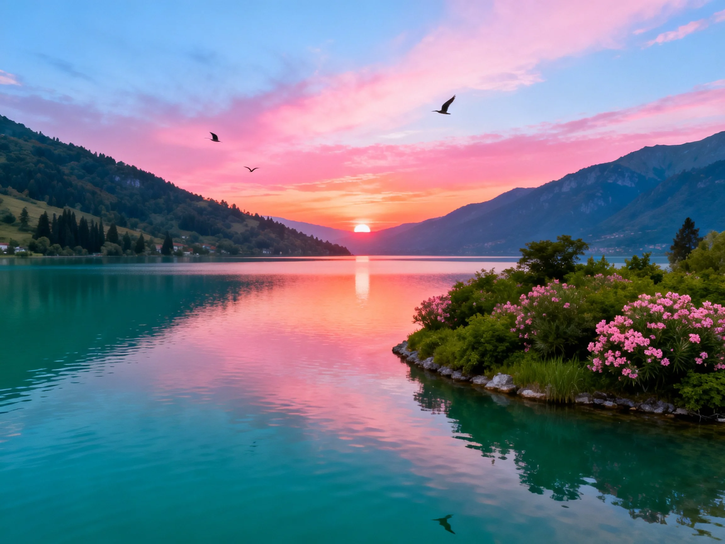 Turquoise lake reflects pink sunset near forested mountains