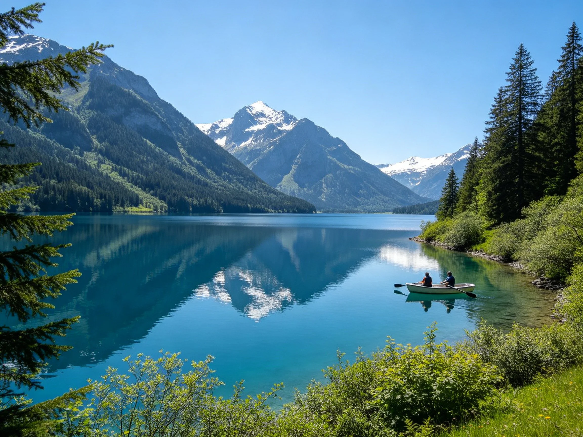 Turquoise lake reflects snow-capped mountains with dense evergreen forests