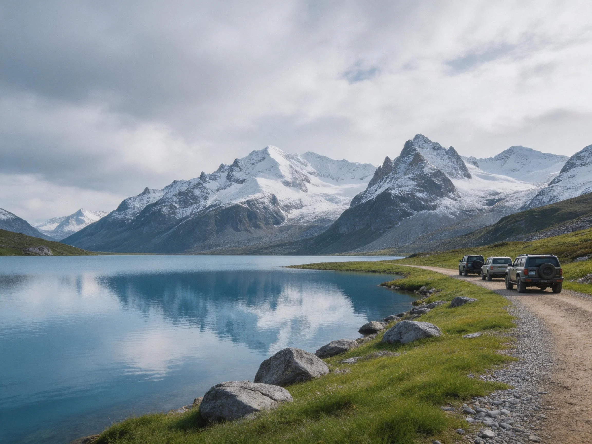 Turquoise lake reflects snow - capped peaks beside dirt road with three SUVs