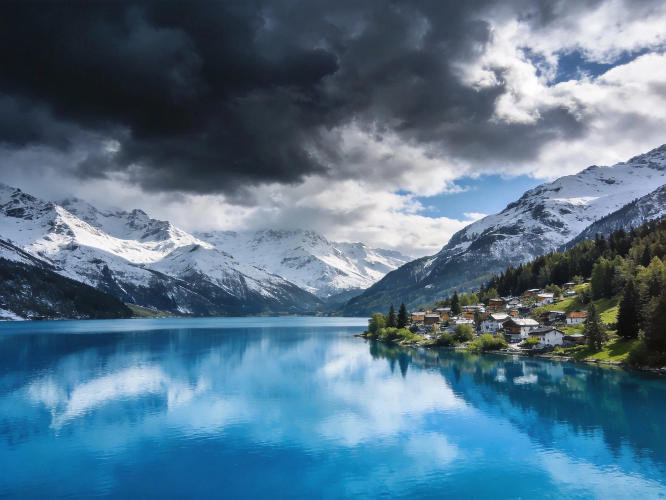 Turquoise lake reflects stormy sky near snow - capped mountains and village
