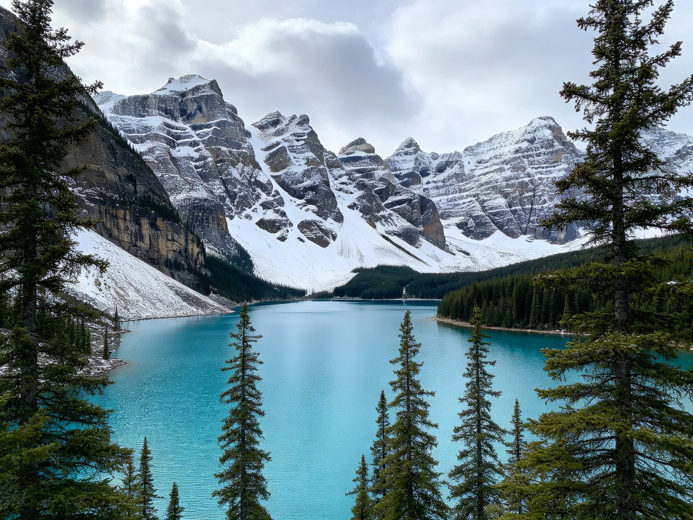Turquoise lake surrounded by snow - capped mountains and evergreen forests