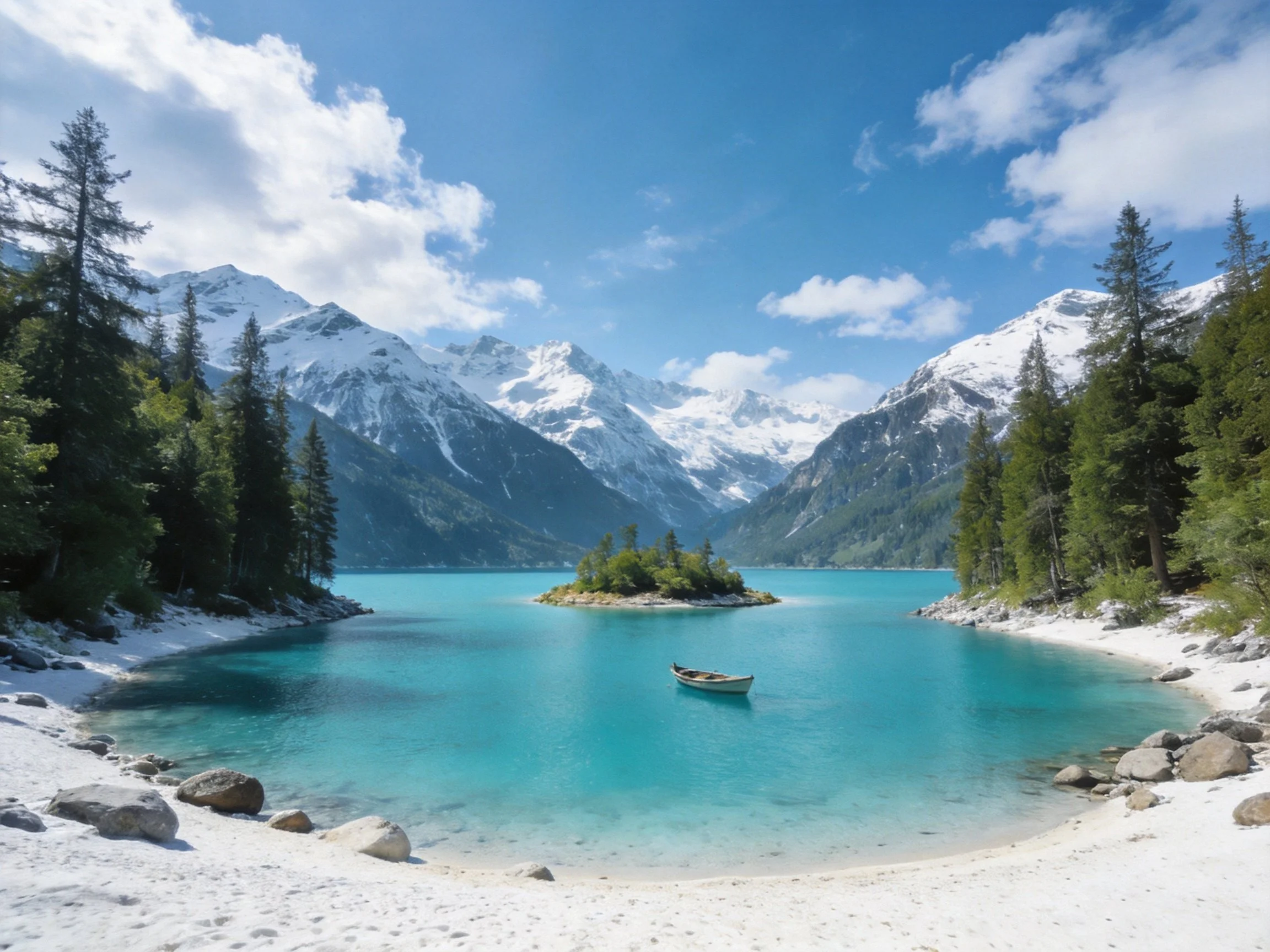 Turquoise lake surrounded by snowy peaks and forested shores