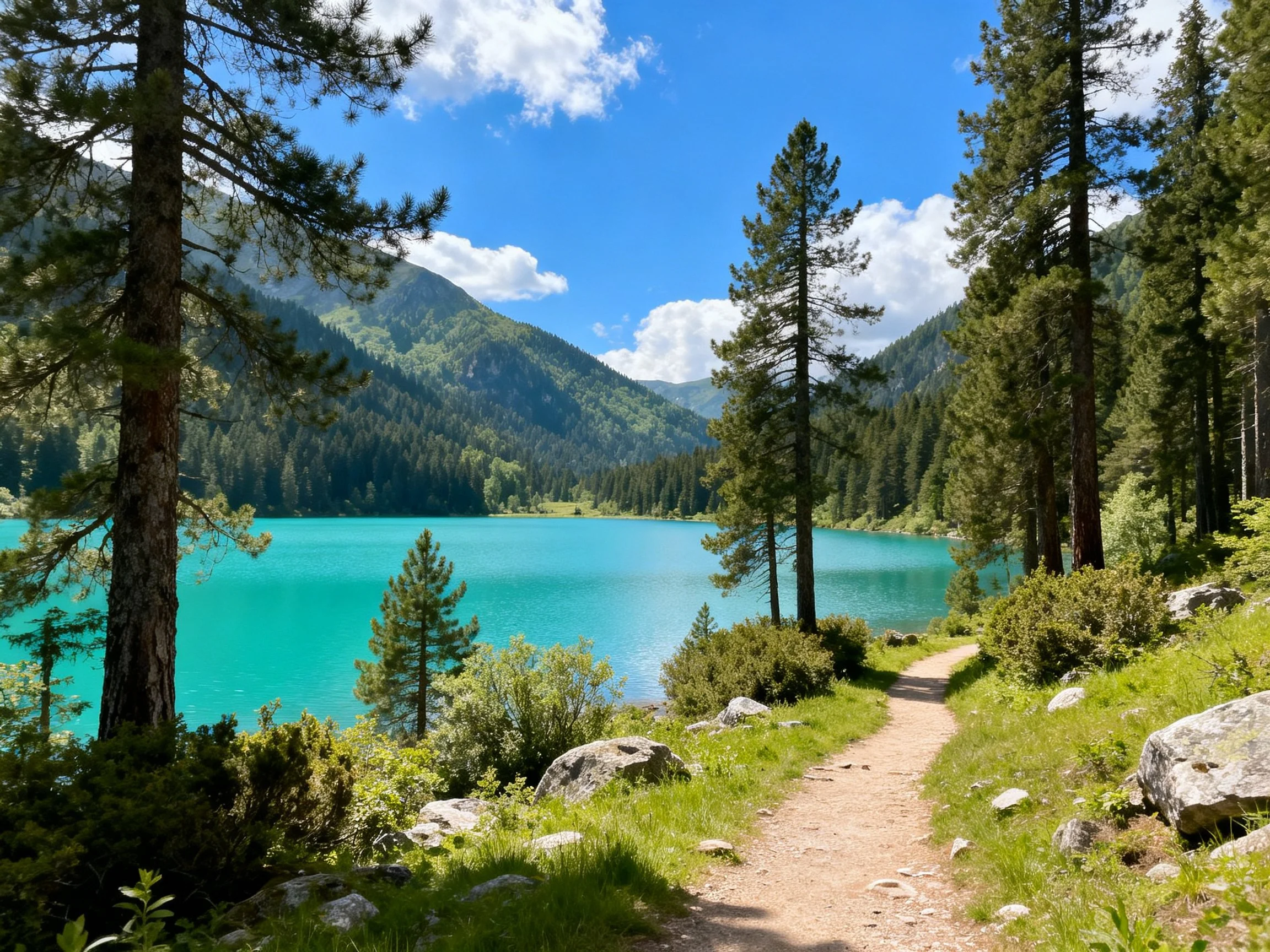 Turquoise lake surrounded by tall pine trees and mountainous terrain