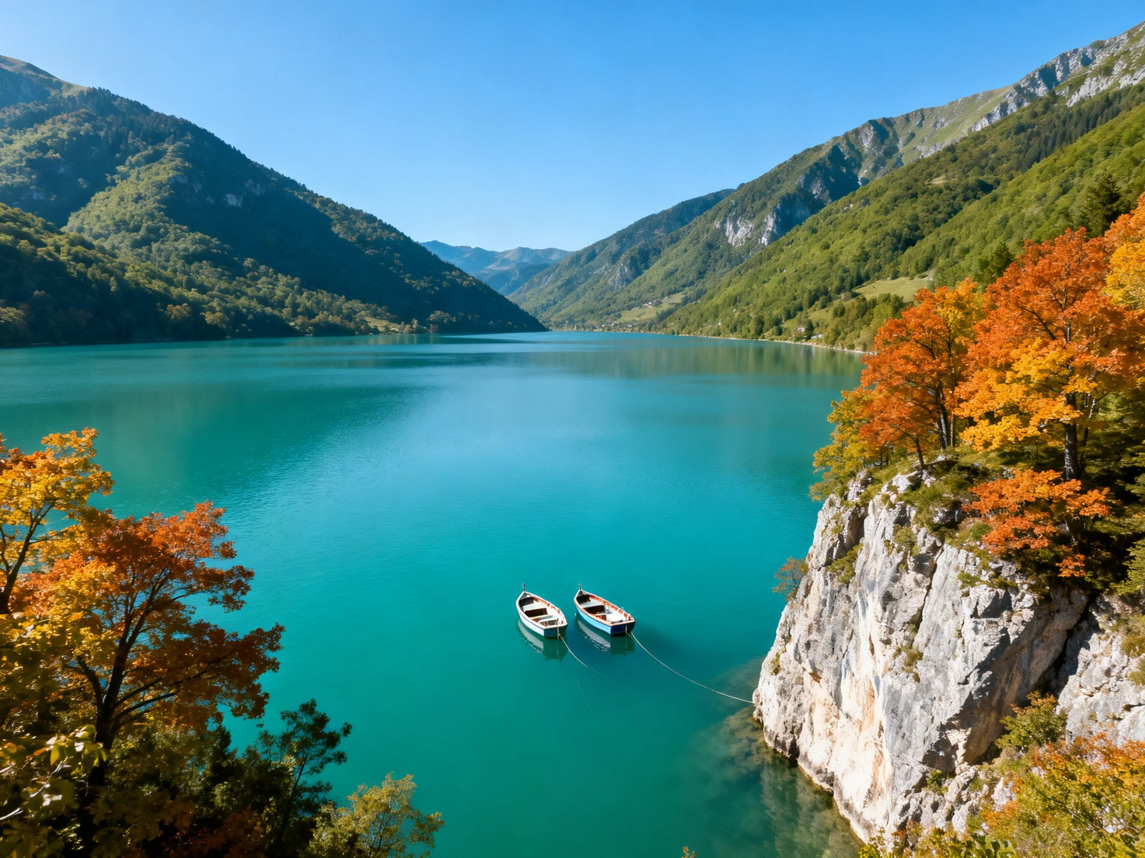 Turquoise lake with autumn foliage and two boats
