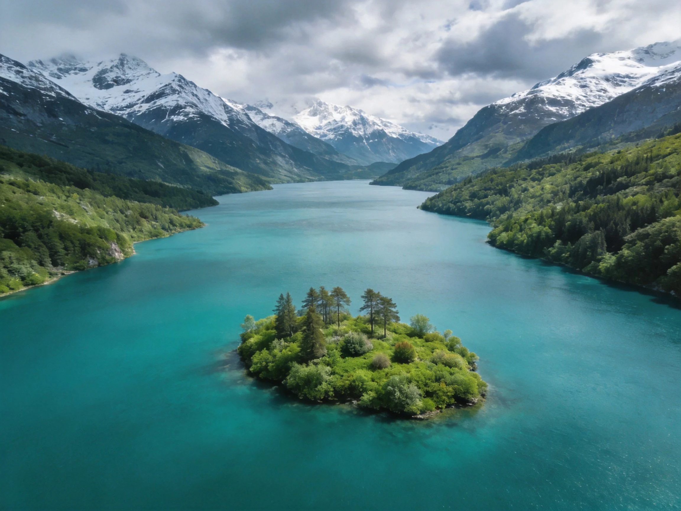 Turquoise lake with central green island, forested mountains, snow - capped peaks