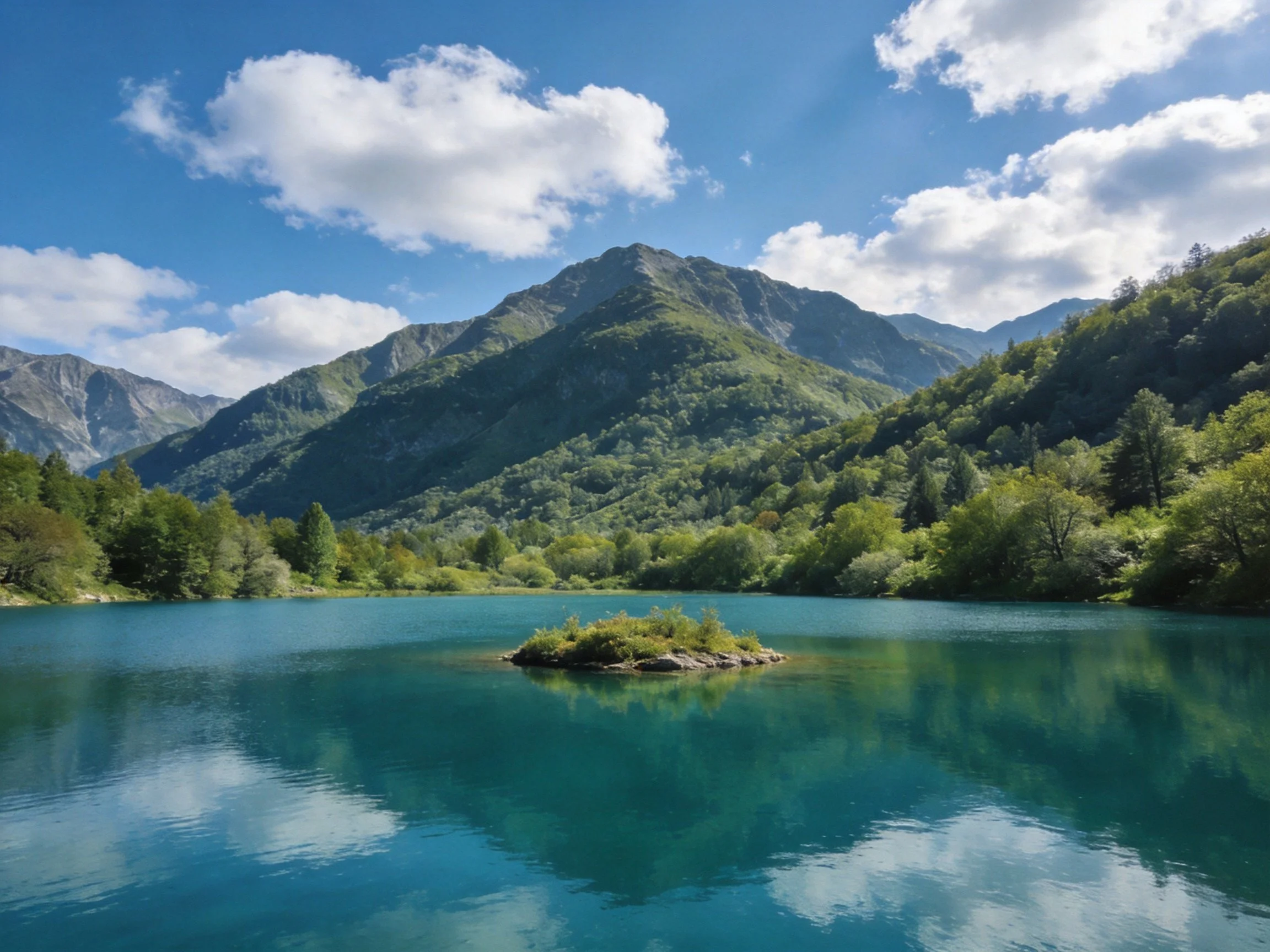 Turquoise lake with central island, surrounded by lush green mountains