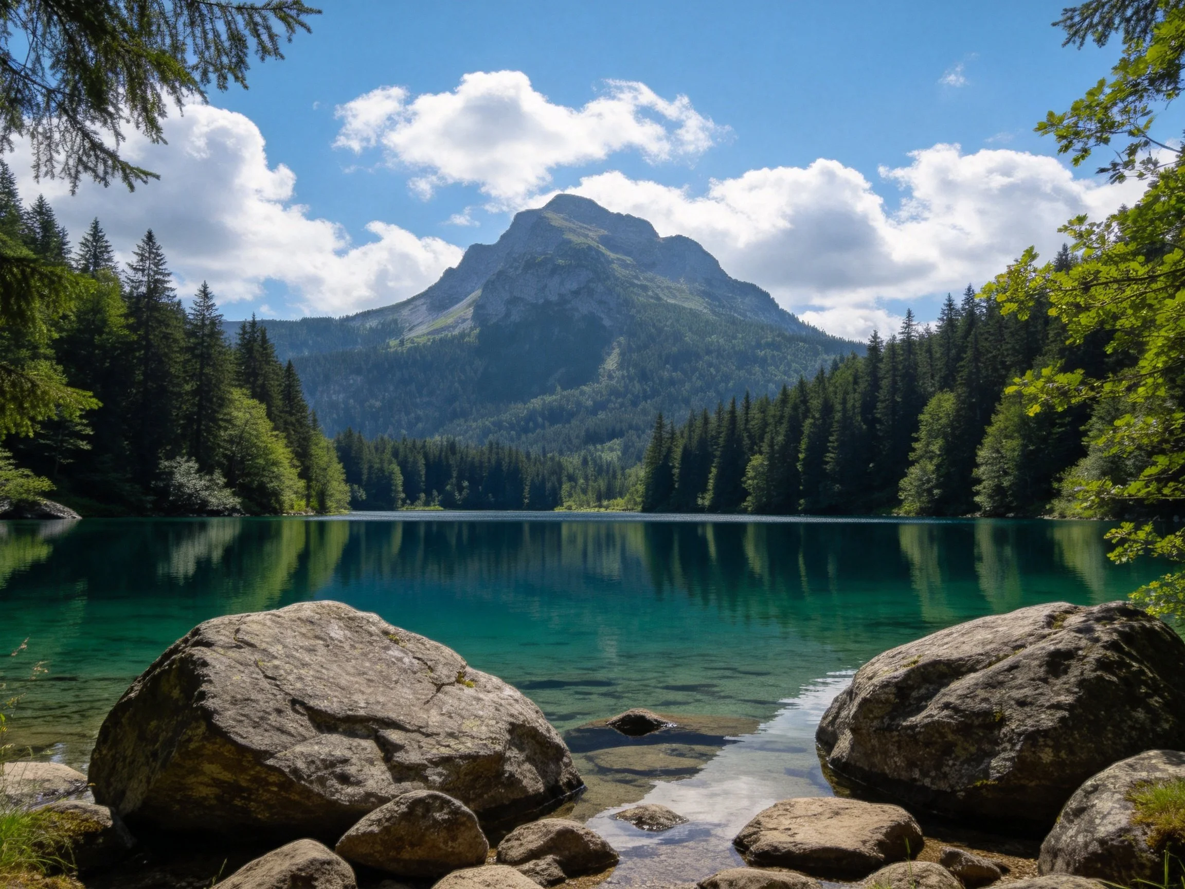 Turquoise lake with rocky shore, forested hills, and a towering mountain