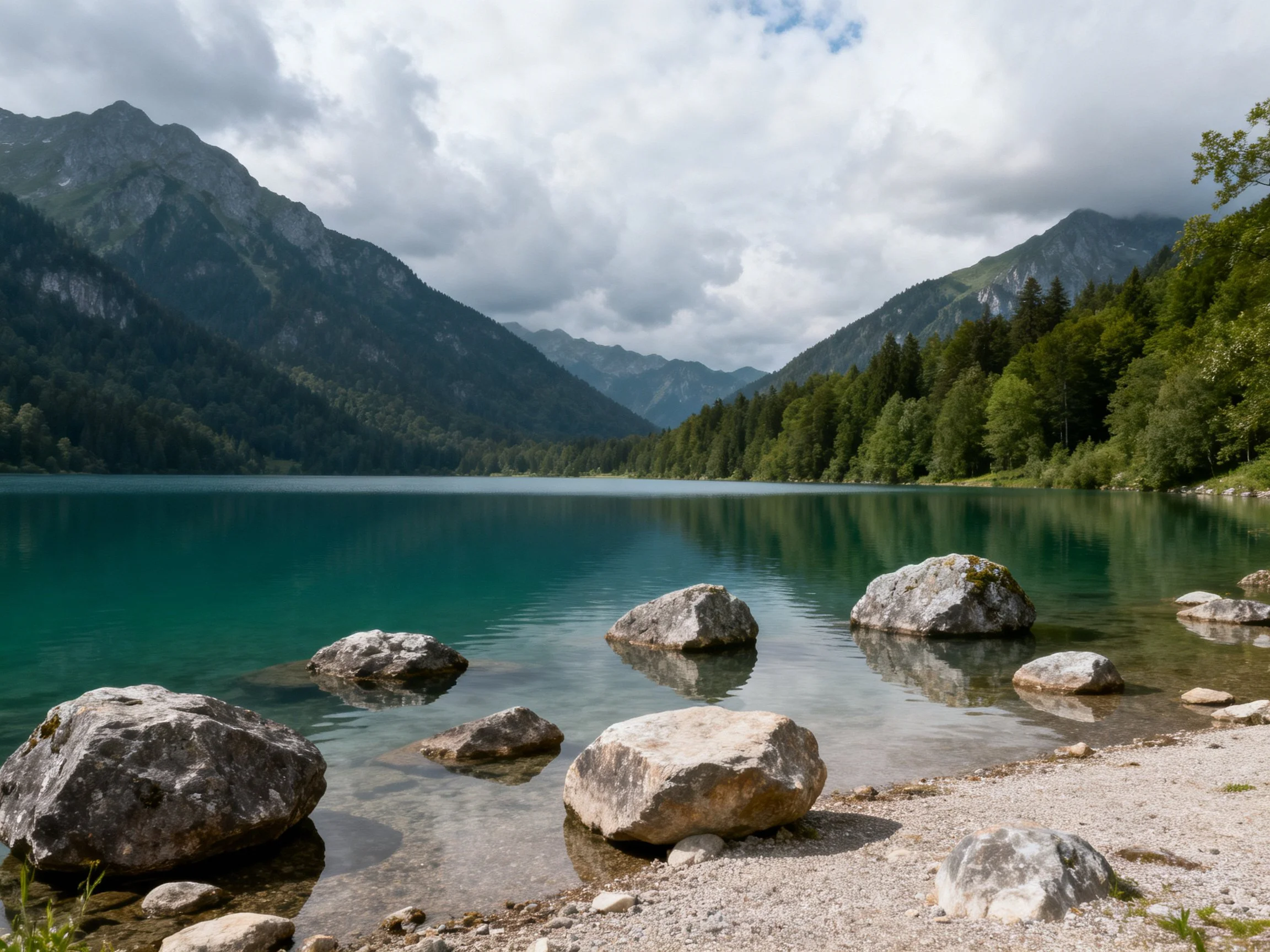 Turquoise lake with rocky shoreline and forested mountain backdrop