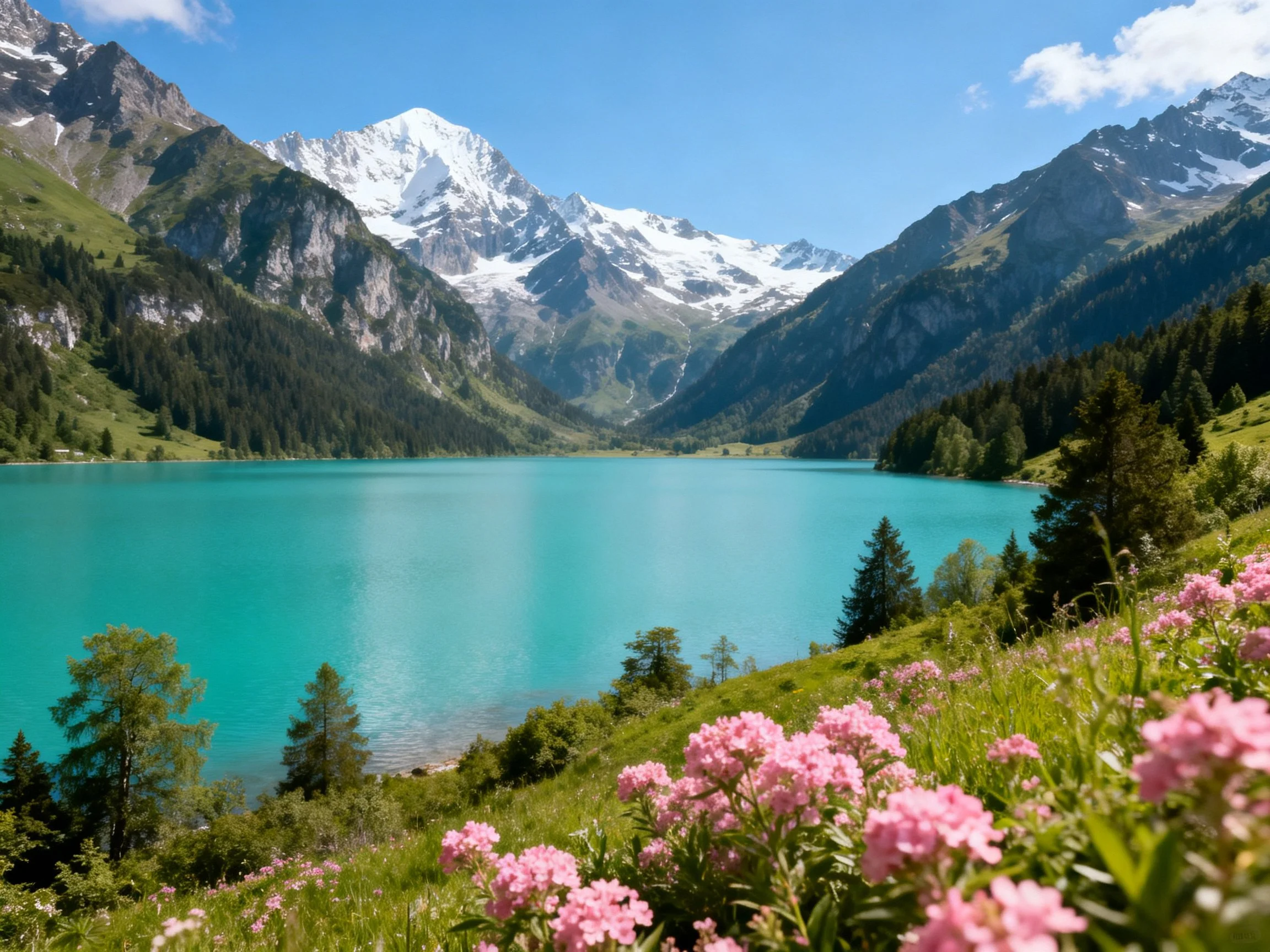 Turquoise lake with snow-capped mountains and pink wildflowers