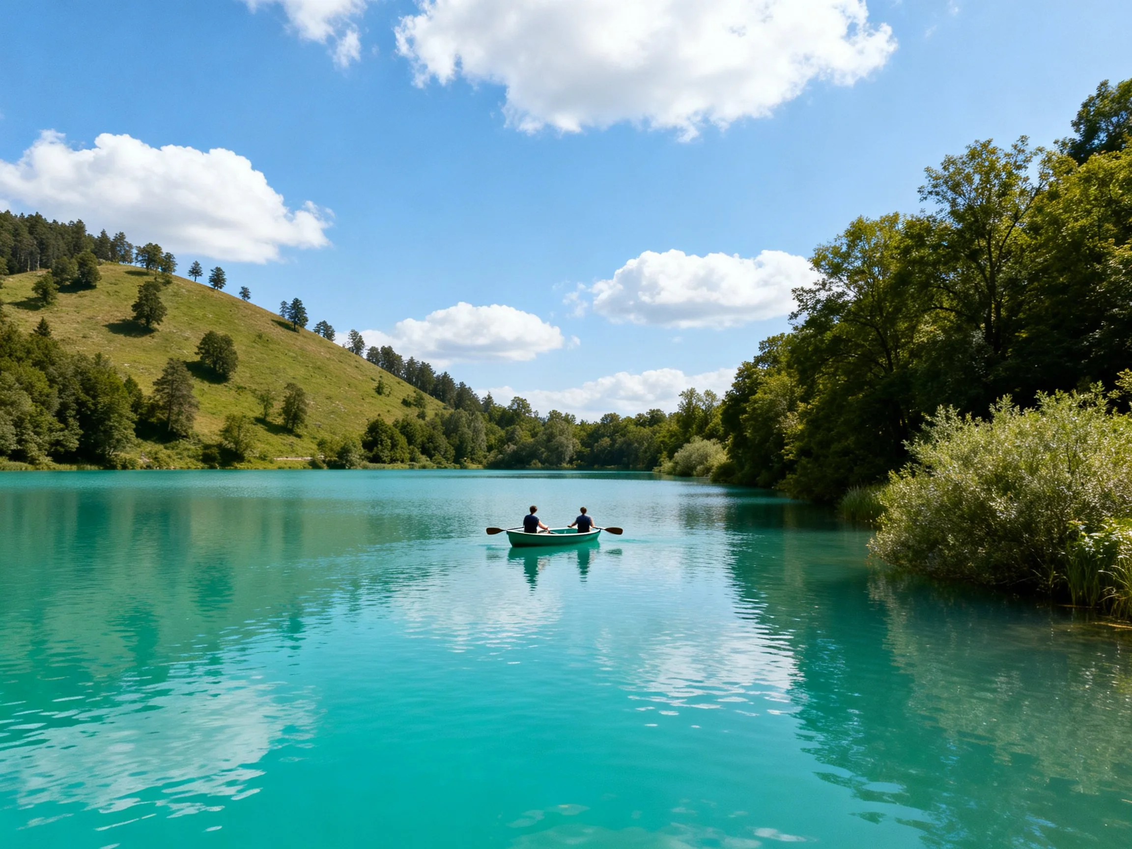 Turquoise lake with two kayakers near lush green hills