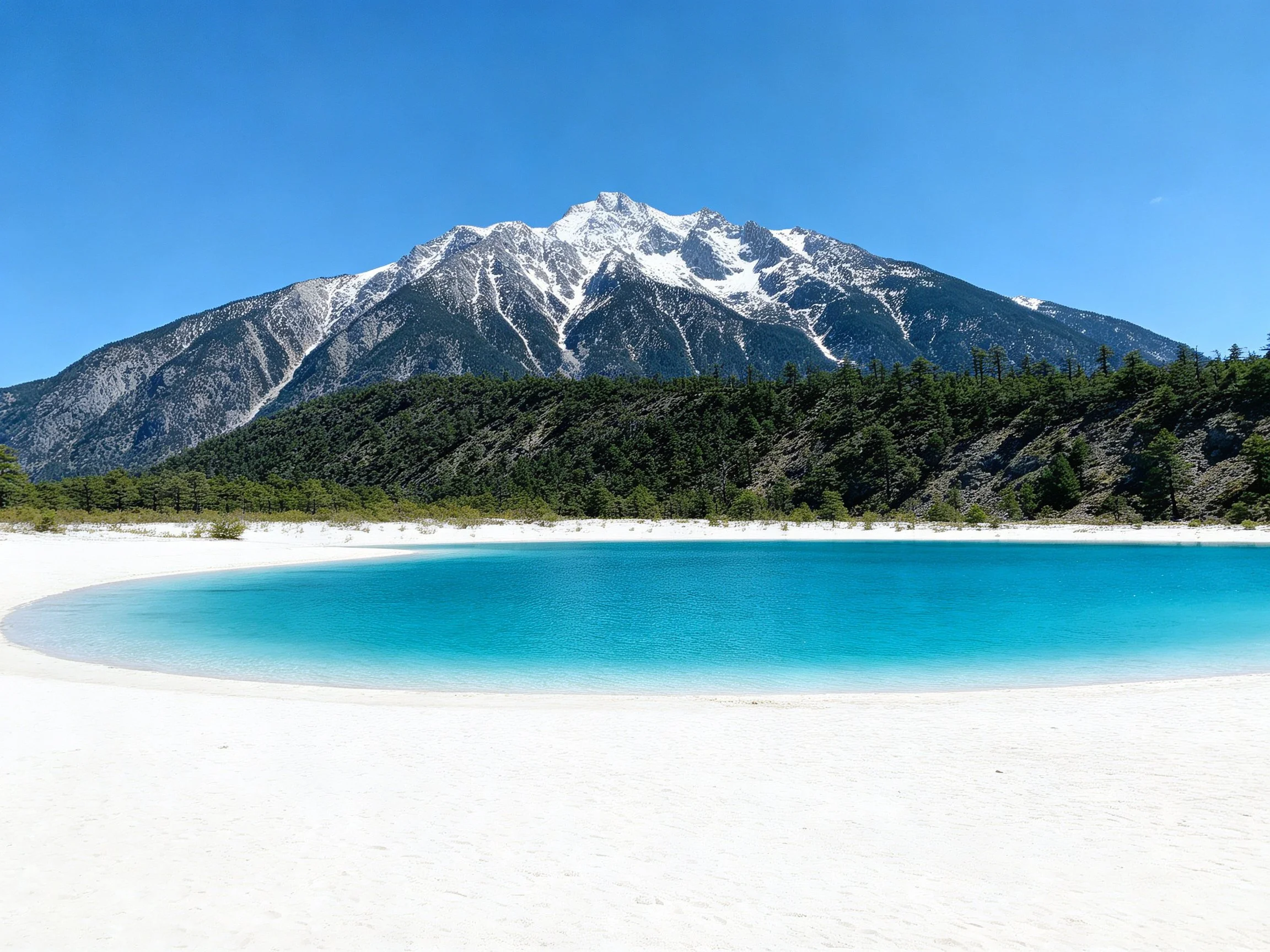 Turquoise lake with white sandy shore near snow - capped mountain