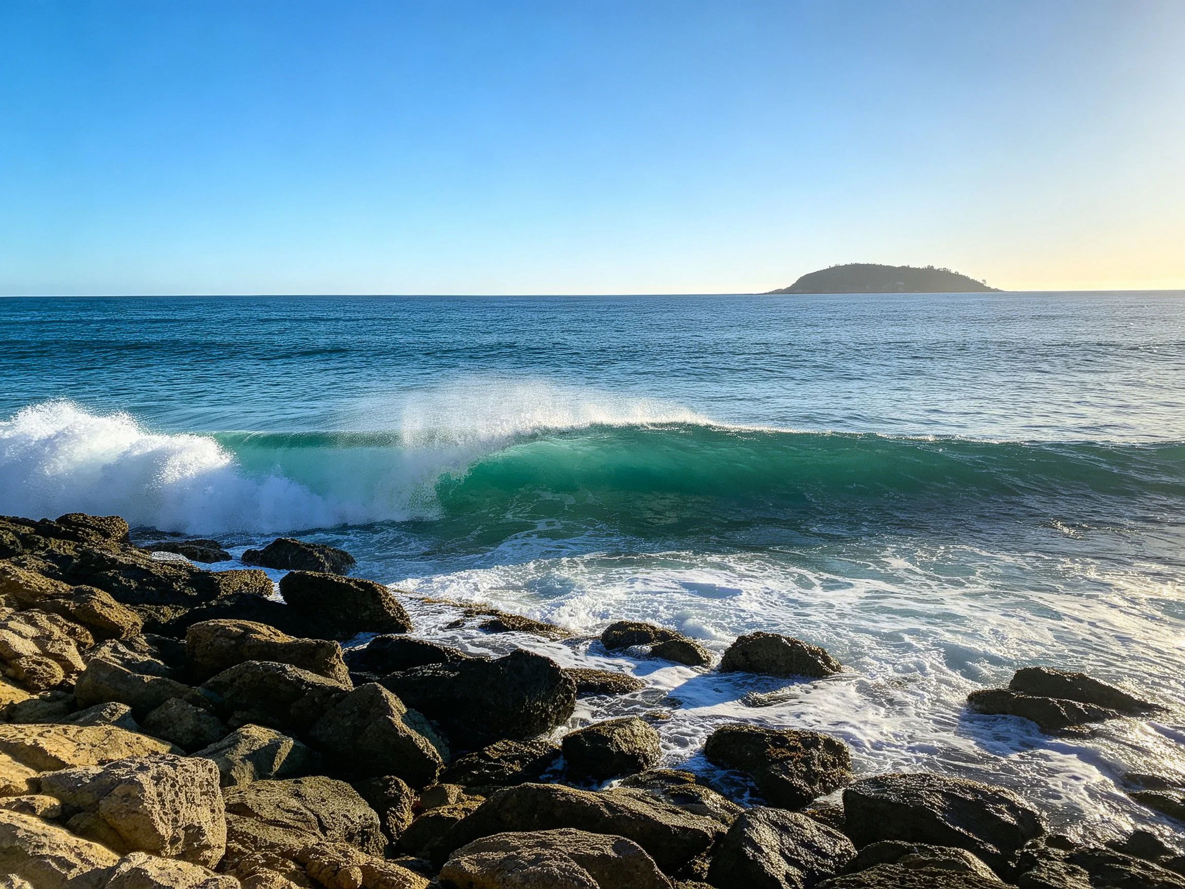 Turquoise ocean wave crashes onto dark rocky shore under clear blue sky